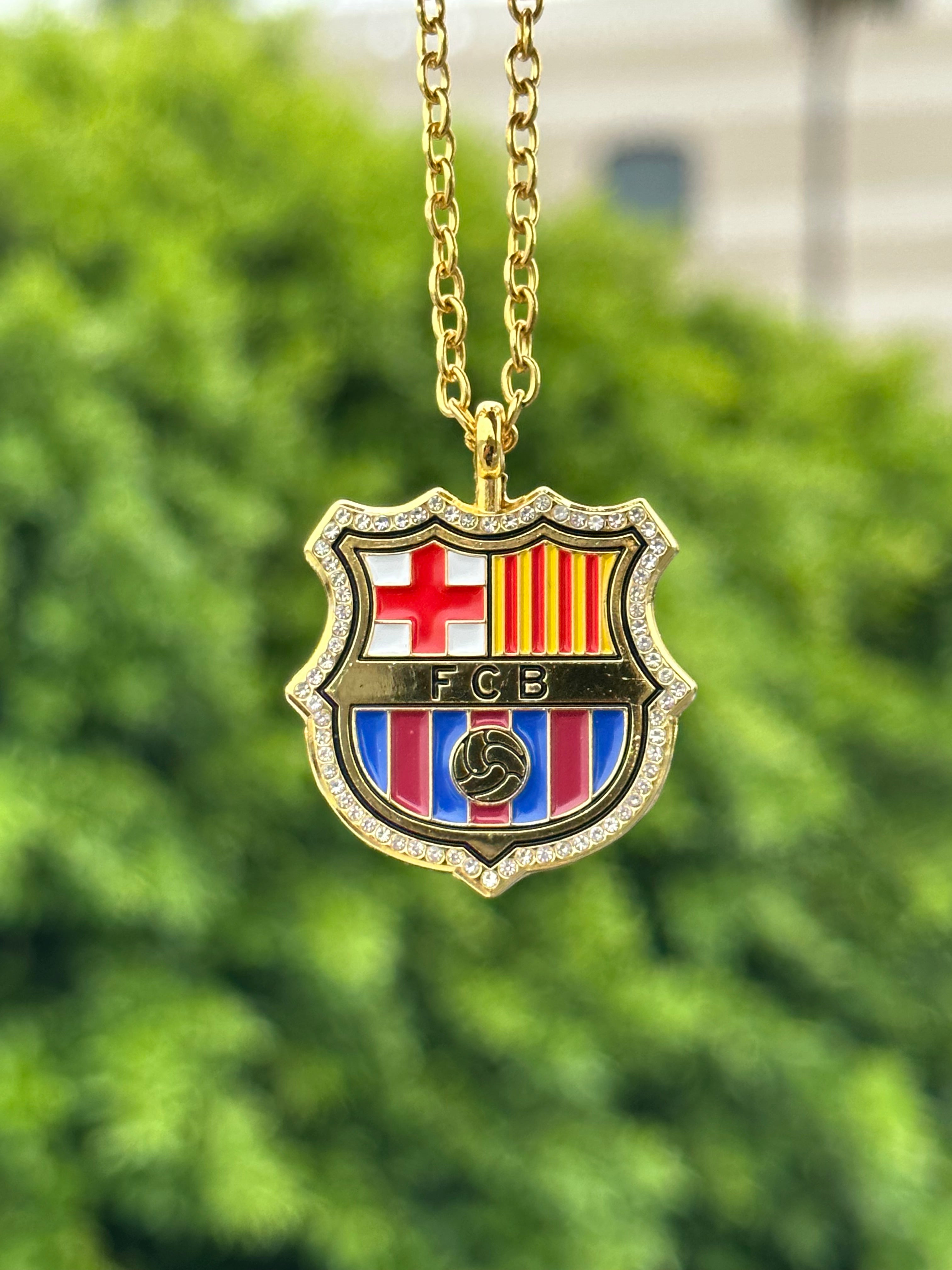 GOLD "FC BARCELONA" ICED OUT CHAIN W/ RHINESTONES