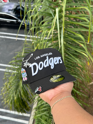 NEW ERA 59FIFTY BLACK LOS ANGELES DODGERS SCRIPT W/ 100TH ANNIVERSARY PATCH (GREY UV)