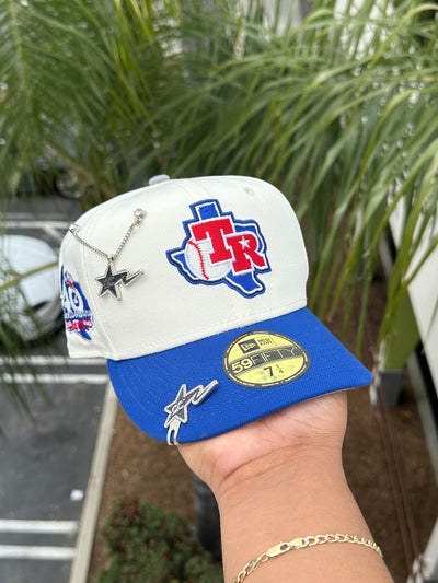 NEW ERA EXCLUSIVE 59FIFTY CHROME WHITE/BLUE TEXAS RANGERS W/ 40TH ANNIVERSARY (GREY UV)