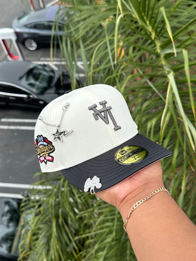 NEW ERA EXCLUSIVE 59FIFTY CHROME WHITE/BLACK SATIN UPSIDE DOWN LOS ANGELES DODGERS SCRIPT W/ 100TH ANNIVERSARY PATCH (PINK UV) VERY LIMITED