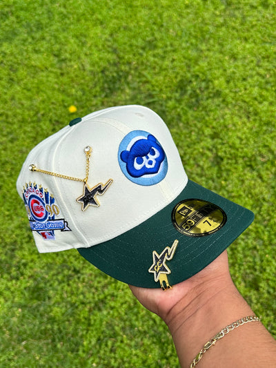NEW ERA EXCLUSIVE 59FIFTY CHROME WHITE/FOREST GREEN CHICAGO CUBS W/ 1990 ALL STAR GAME PATCH (ICY UV)