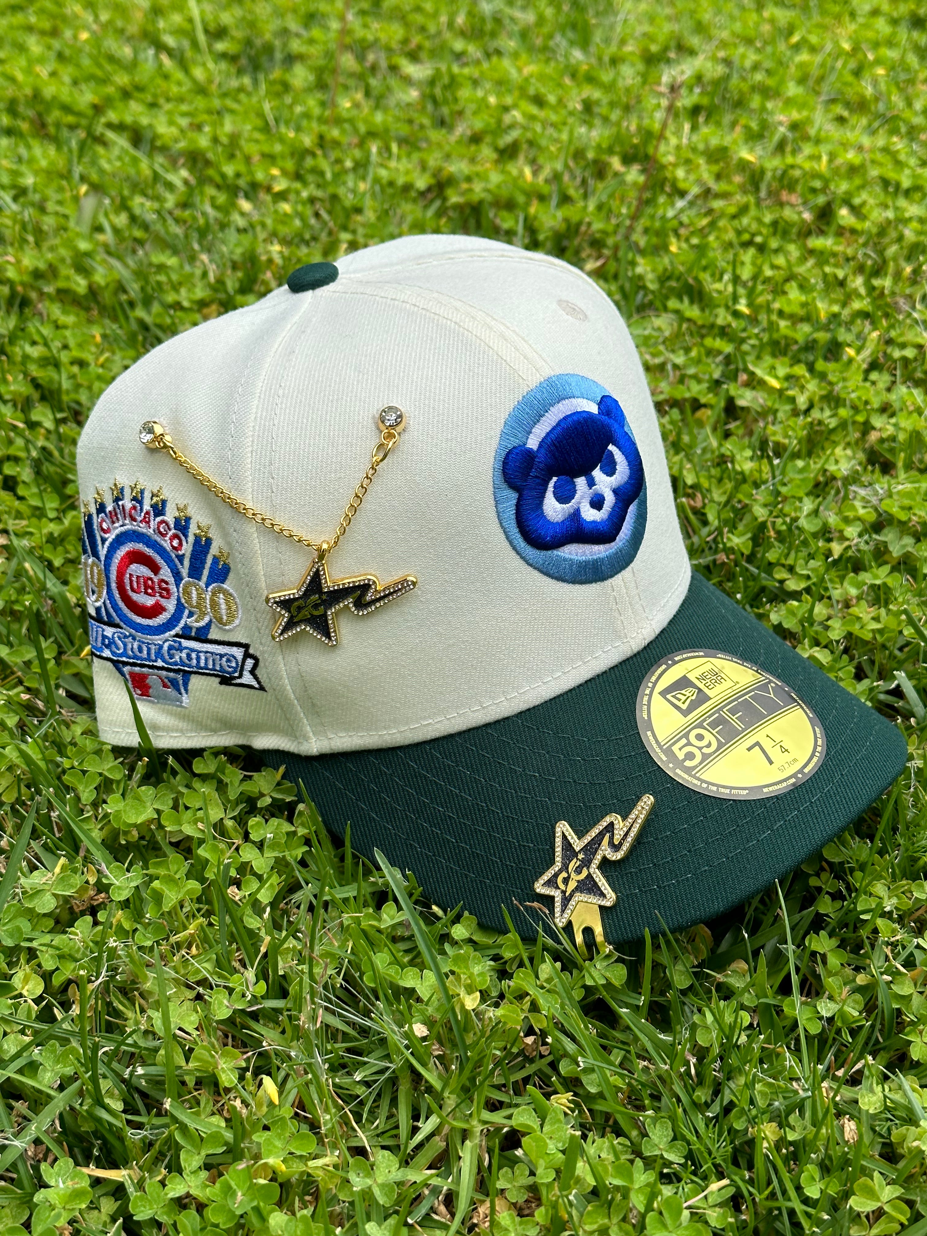 NEW ERA EXCLUSIVE 59FIFTY CHROME WHITE/FOREST GREEN CHICAGO CUBS W/ 1990 ALL STAR GAME PATCH