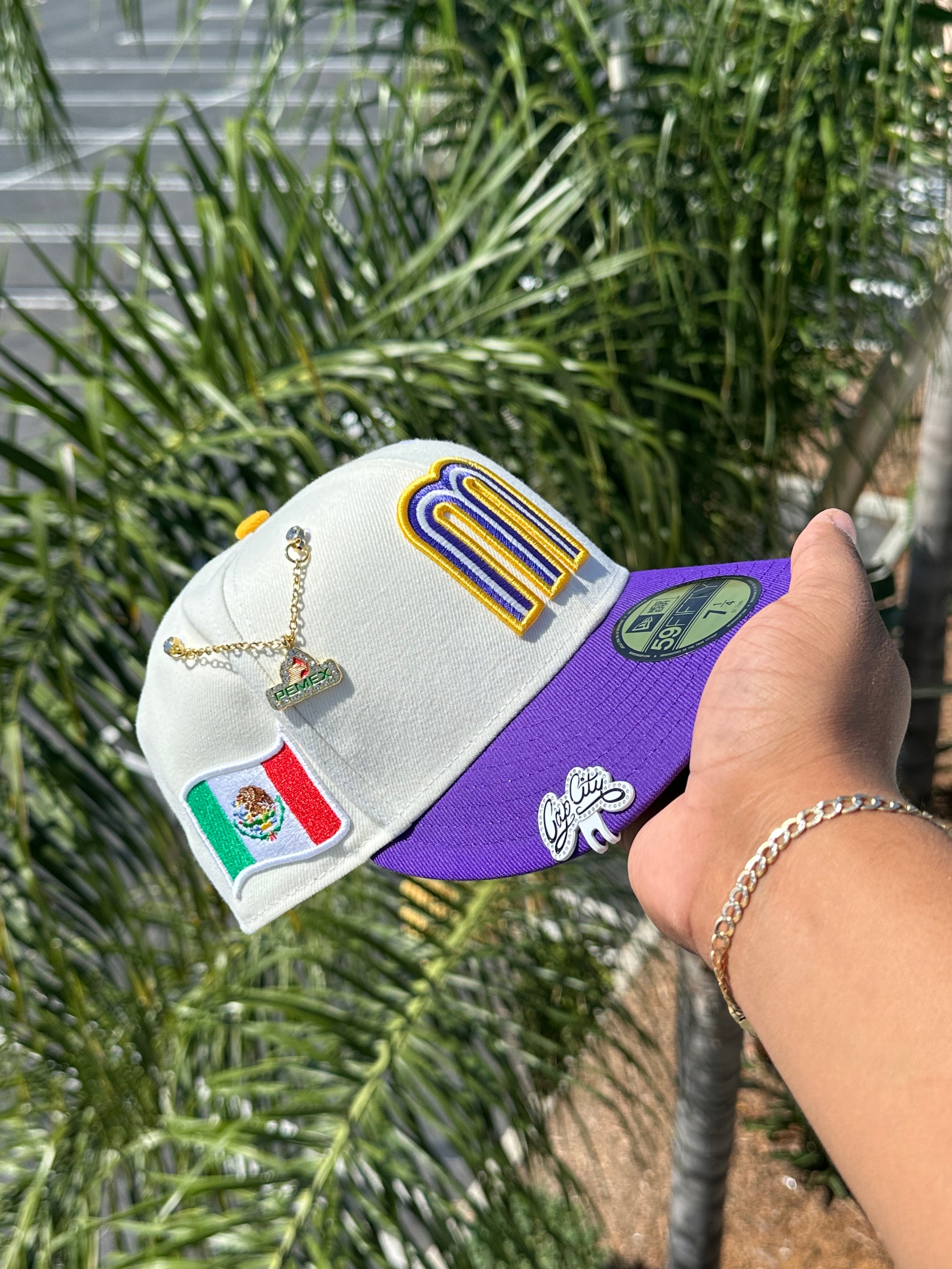 NEW ERA EXCLUSIVE 59FIFTY CHROME WHITE/PURPLE MEXICO TWO TONE W/ MEXICO FLAG SIDE PATCH