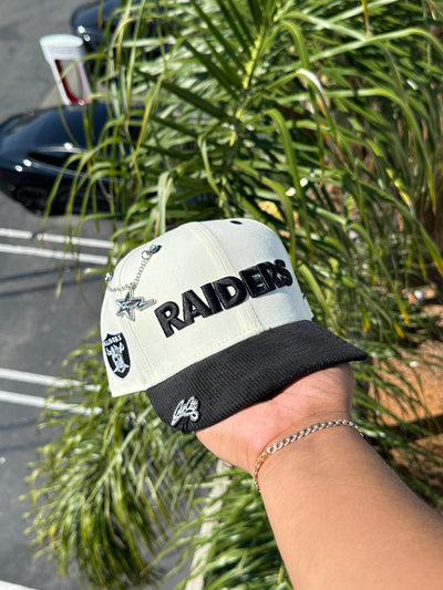 NEW ERA EXCLUSIVE 59FIFTY CHROME WHITE/CORDUROY LAS VEGAS RAIDERS SCRIPT W/ RAIDERS LOGO SIDEPATCH (GREEN UV) VERY LIMITED