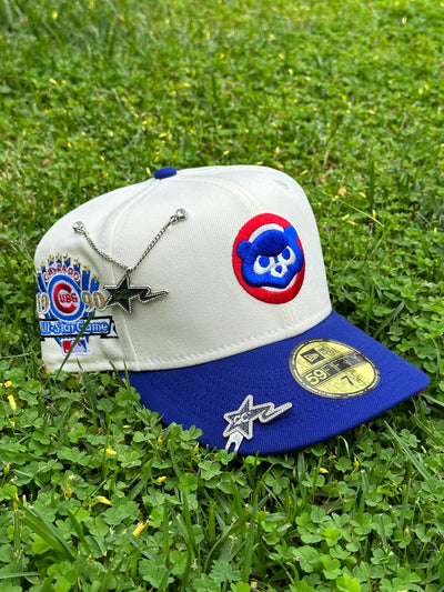 NEW ERA EXCLUSIVE 59FIFTY CHROME WHITE/BLUE CHICAGO CUBS W/ 1990 ALL STAR GAME PATCH (RED UV)