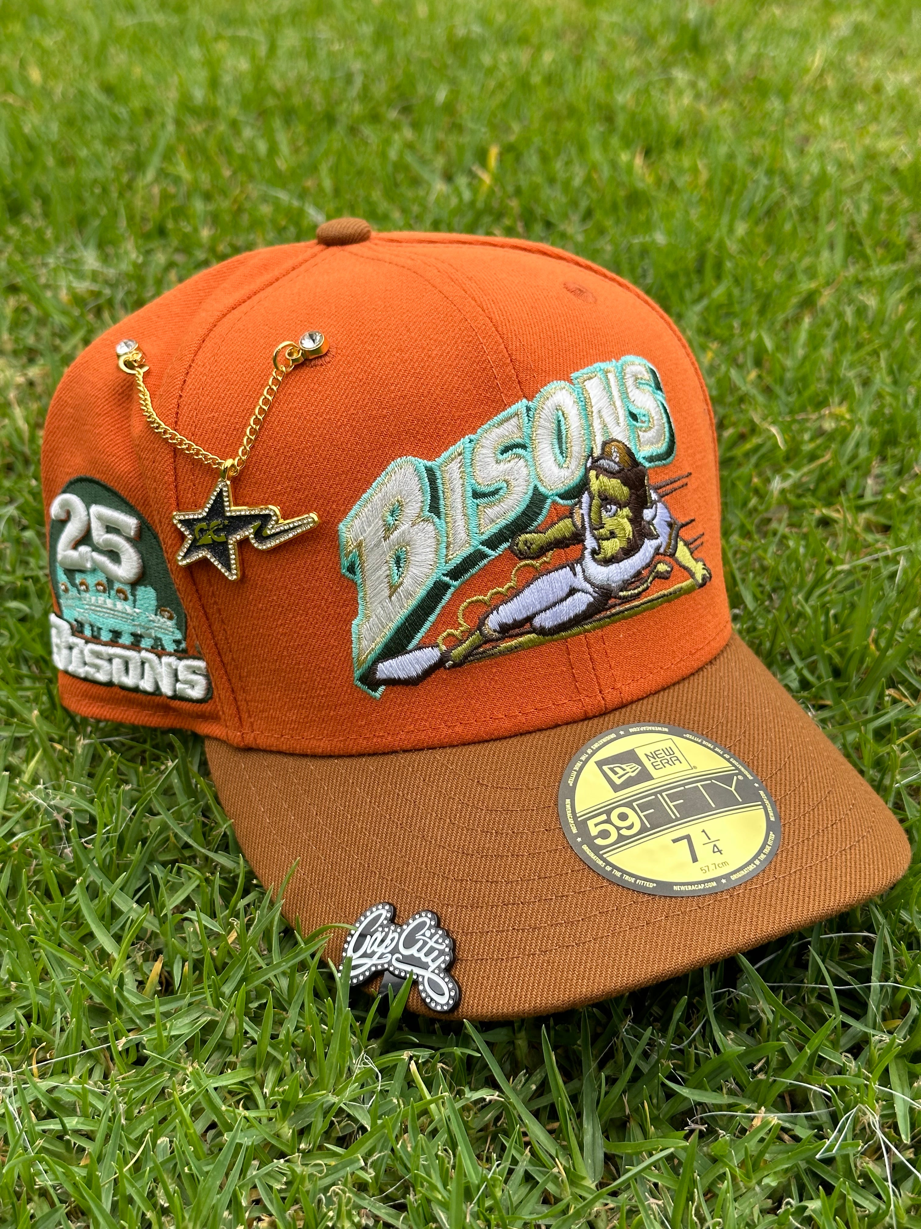 NEW ERA EXCLUSIVE 59FIFTY ORANGE/KHAKI BUFFALO BISONS W/ 25TH ANNIVERSARY PATCH