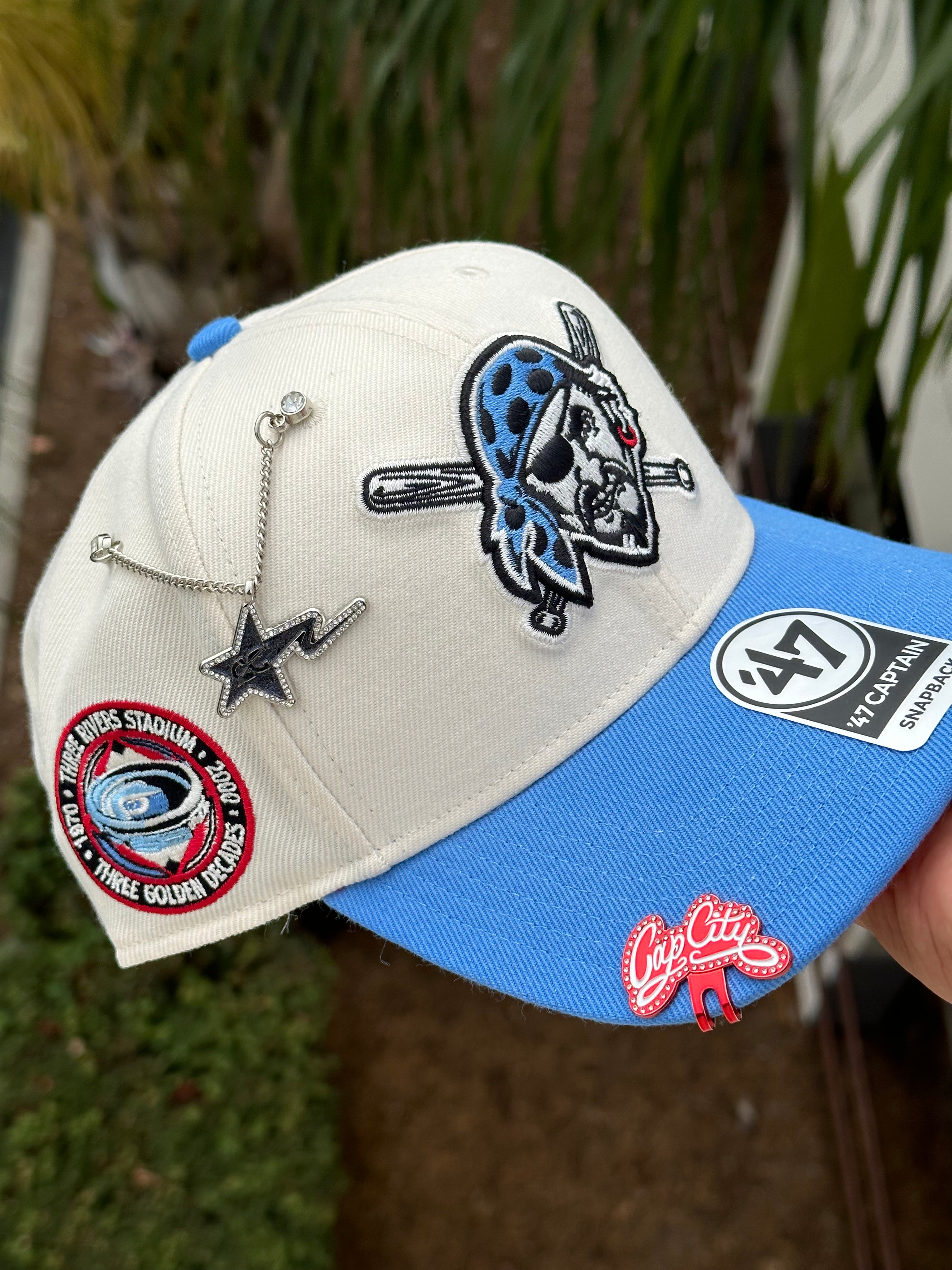 NEW* WHITE/SKY BLUE PITTSBURGH PIRATES '47 CAPTAIN SNAPBACK W/ THREE RIVERS STADIUM PATCH