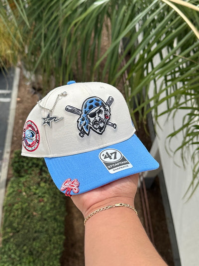 NEW* WHITE/SKY BLUE PITTSBURGH PIRATES '47 CAPTAIN SNAPBACK W/ THREE RIVERS STADIUM PATCH (RED UV)