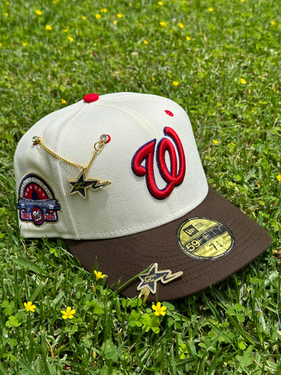NEW ERA EXCLUSIVE 59FIFTY CHROME WHITE/WALNUT WASHINGTON NATIONALS W/ 45TH ANNIVERSARY PATCH (GREY UV)