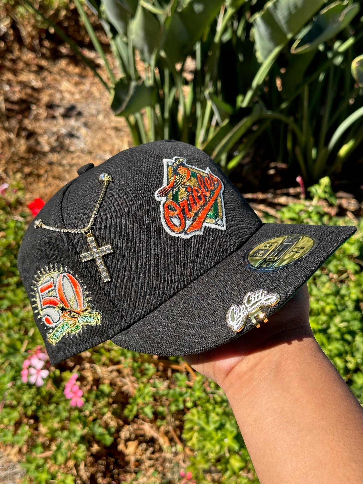 NEW ERA EXCLUSIVE 59FIFTY BLACK BALTIMORE ORIOLES W/ 50TH ANNIVERSARY PATCH