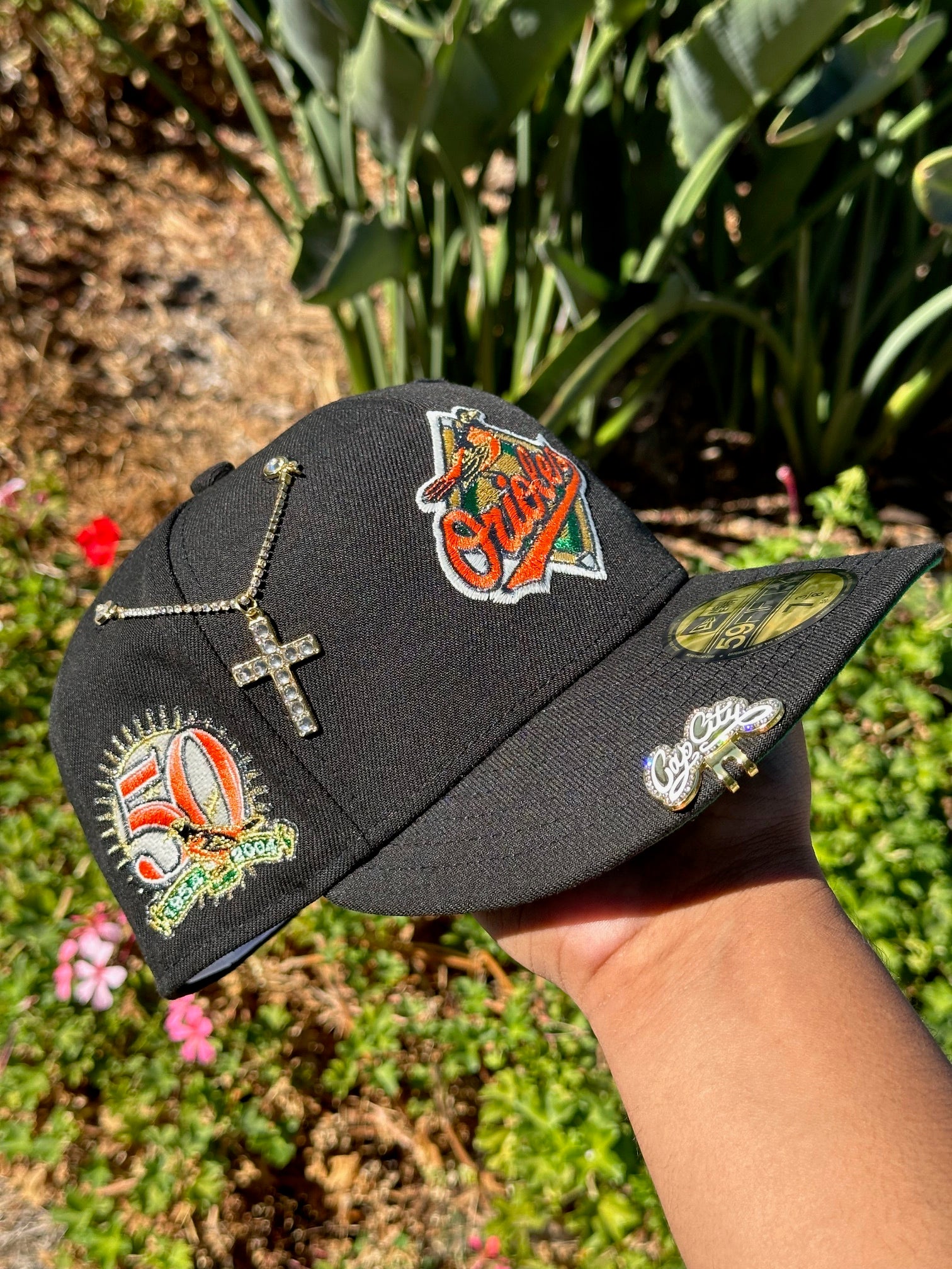 NEW ERA EXCLUSIVE 59FIFTY BLACK BALTIMORE ORIOLES W/ 50TH ANNIVERSARY PATCH