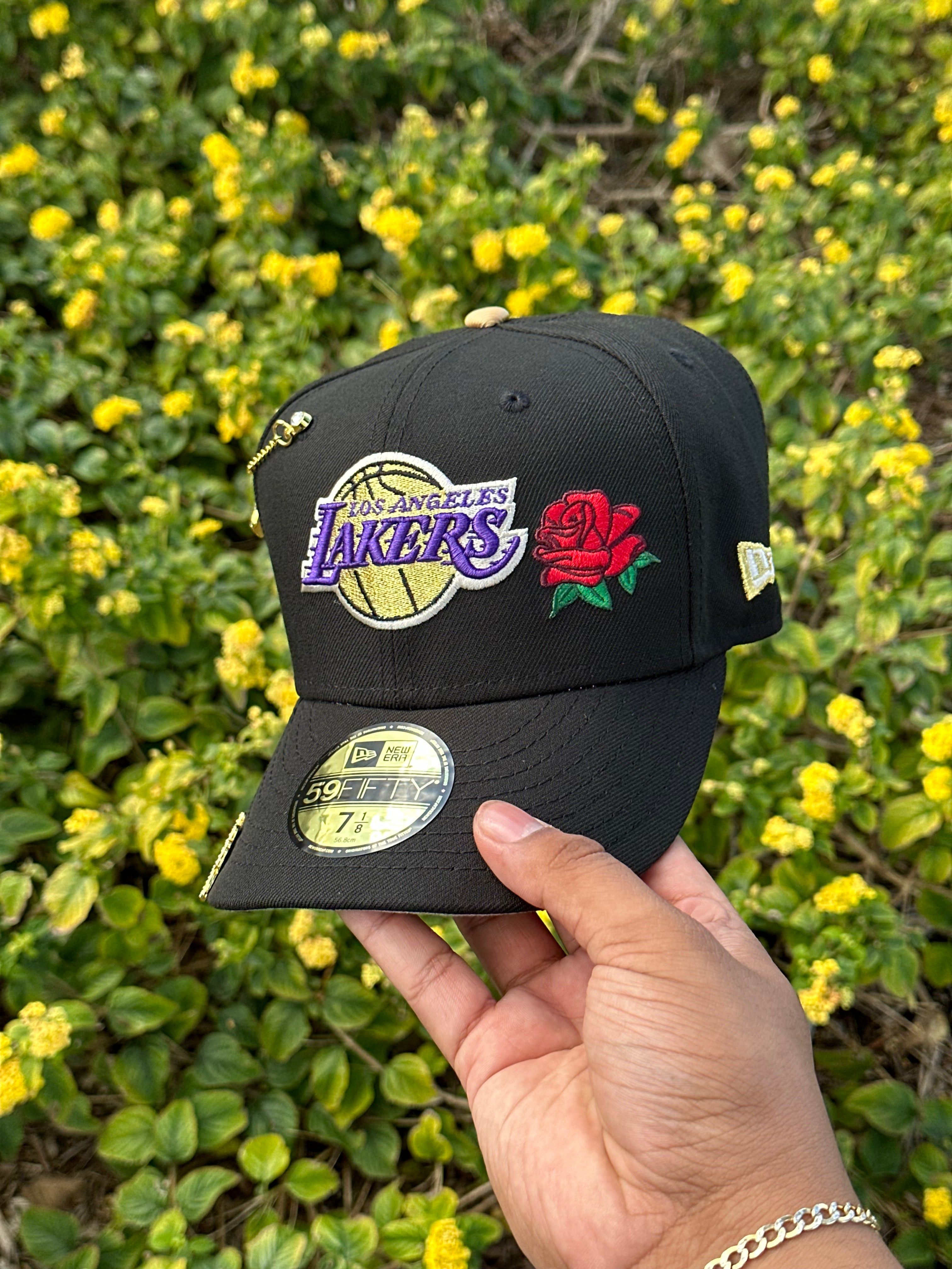NEW ERA EXCLUSIVE 59FIFTY BLACK LOS ANGELES LAKERS W/ ROSE + 75TH ANNIVERSARY SIDE PATCH