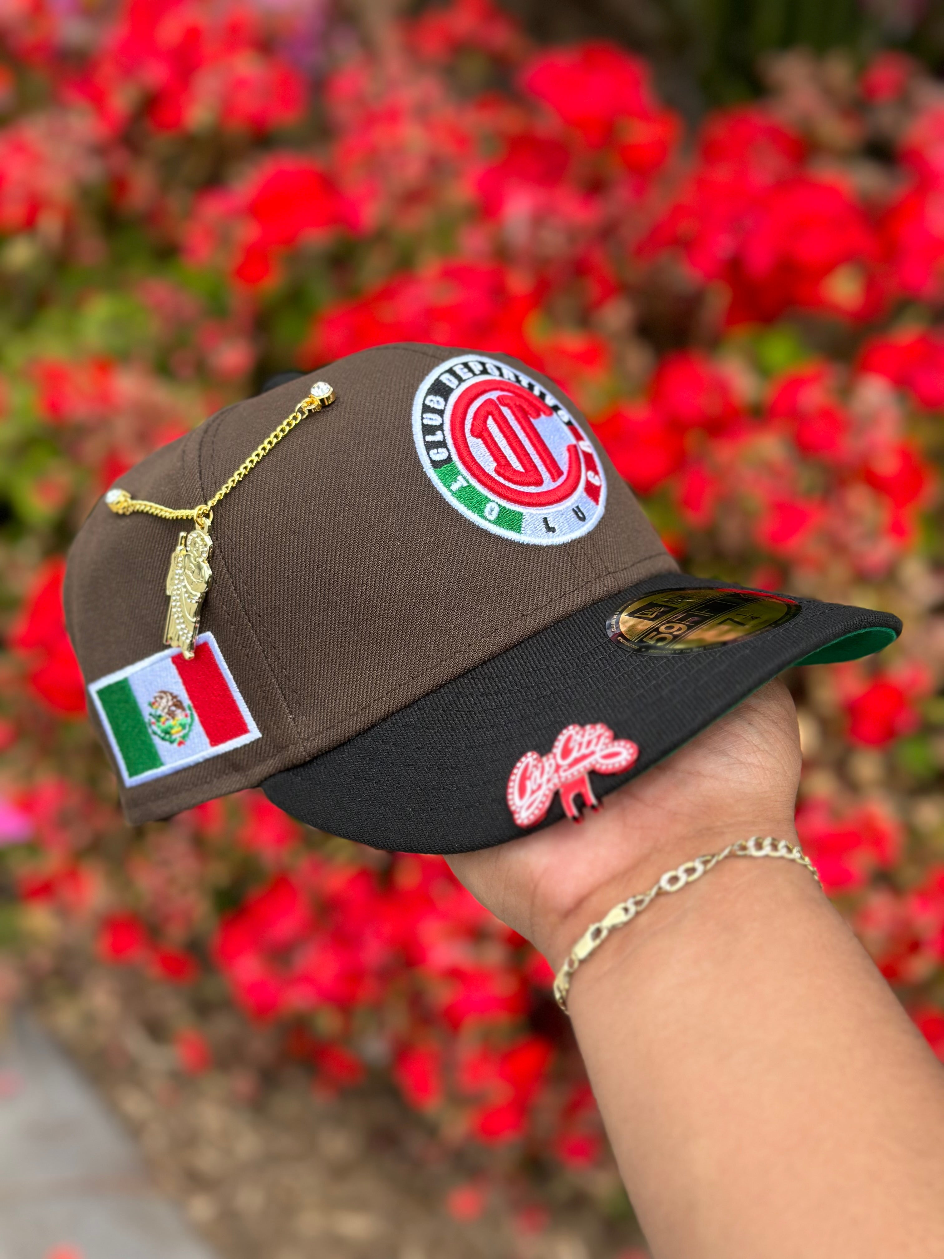 NEW ERA EXCLUSIVE 59FIFTY MOCHA/BLACK "CLUB DEPORTIVO TOLUCA" W/ MEXICO FLAG SIDE PATCH