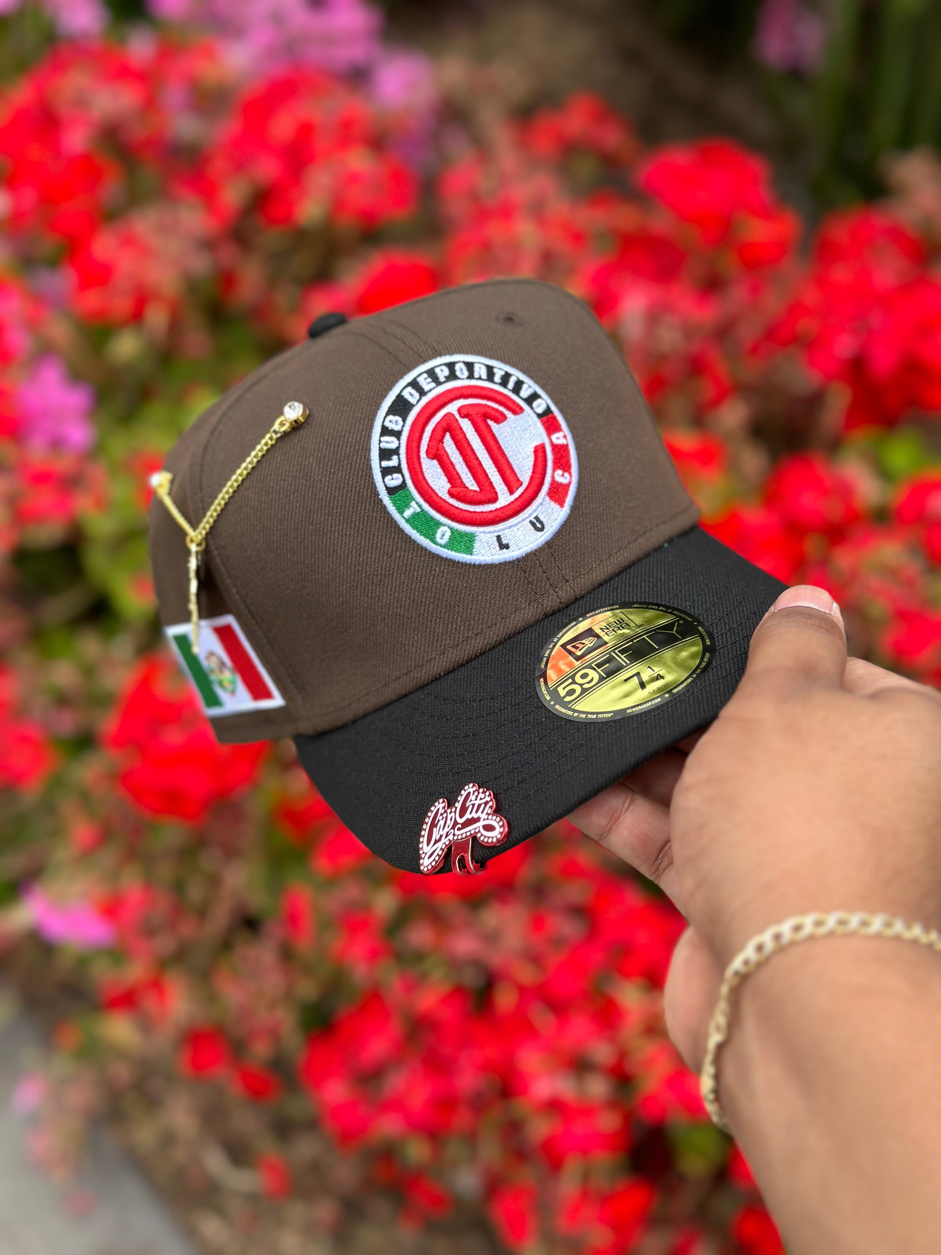 NEW ERA EXCLUSIVE 59FIFTY MOCHA/BLACK "CLUB DEPORTIVO TOLUCA" W/ MEXICO FLAG SIDE PATCH