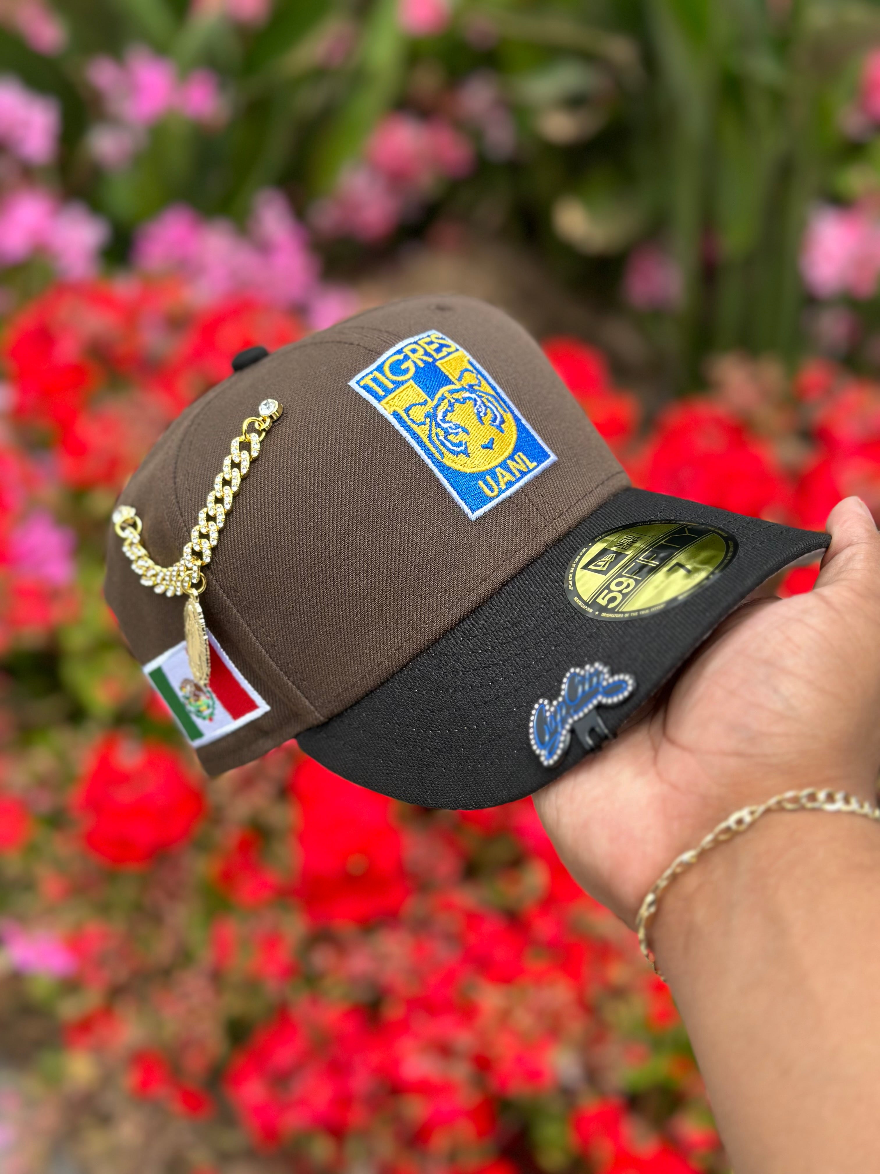 NEW ERA EXCLUSIVE 59FIFTY MOCHA/BLACK "CLUB TIGRES UANL" W/ MEXICO FLAG SIDE PATCH