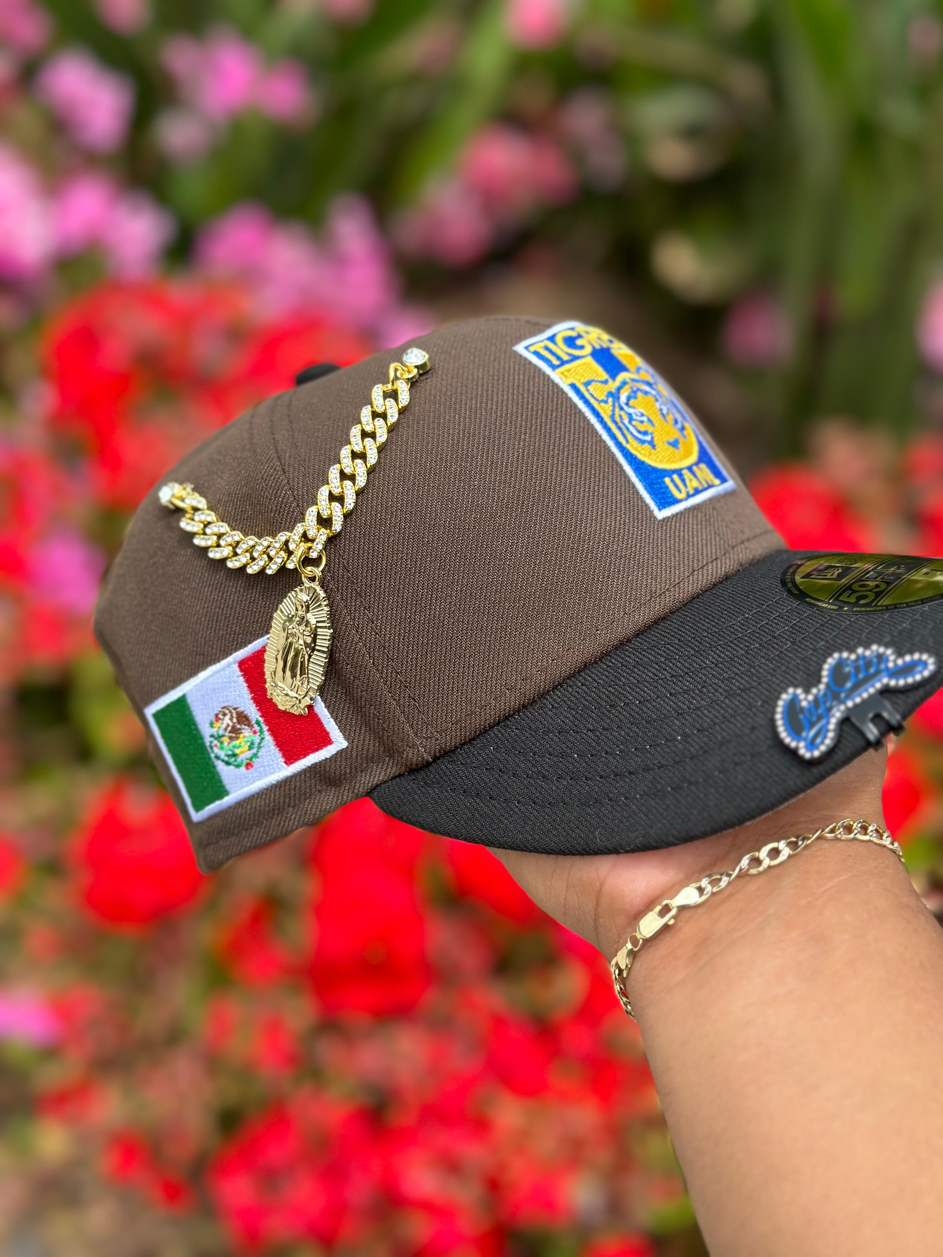 NEW ERA EXCLUSIVE 59FIFTY MOCHA/BLACK "CLUB TIGRES UANL" W/ MEXICO FLAG SIDE PATCH