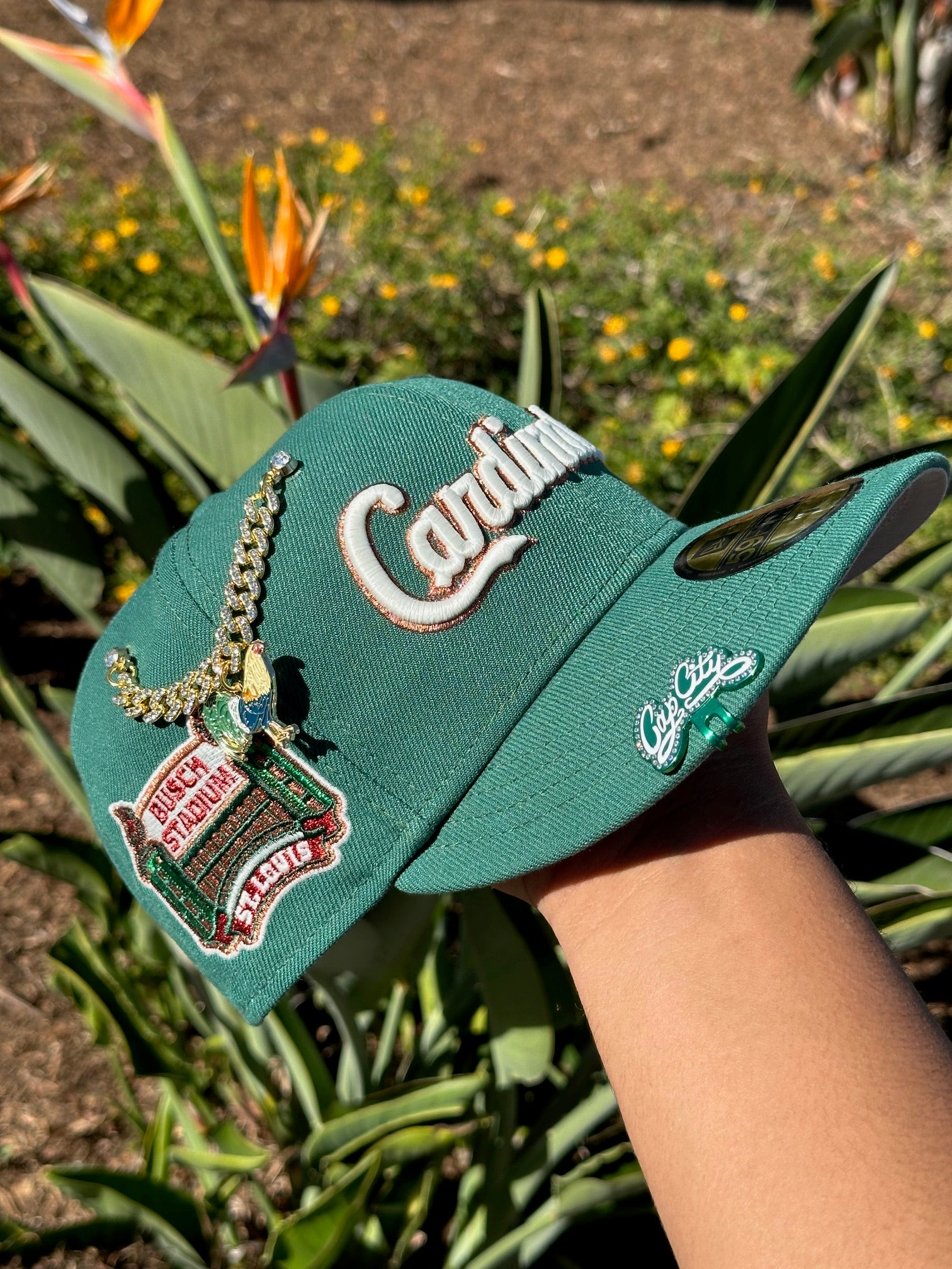 NEW ERA EXCLUSIVE 59FIFTY PINE GREEN ST LOUIS CARDINALS SCRIPT W/ BUSCH STADIUM SIDE PATCH