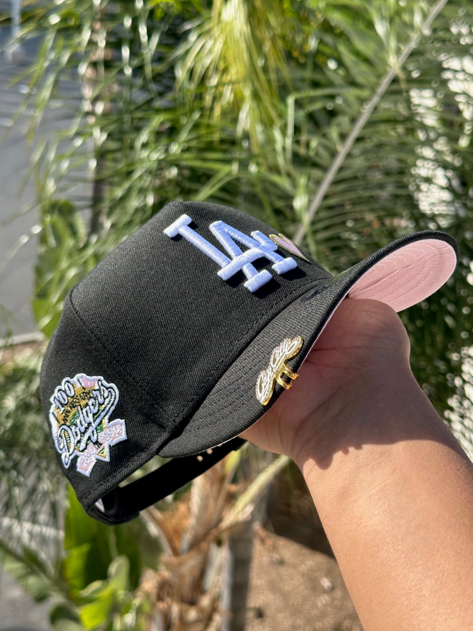 NEW ERA EXCLUSIVE 9FIFTY A-FRAME BLACK LOS ANGELES DODGERS W/ PINK HEART + 100TH ANNIVERSARY SIDE PATCH