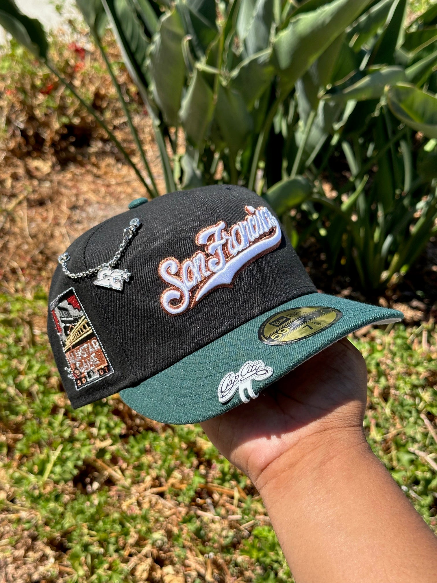 NEW ERA EXCLUSIVE 59FIFTY BLACK/FOREST GREEN SAN FRANCISCO GIANTS SCRIPT W/ 2007 ALL STAR GAME SIDE PATCH