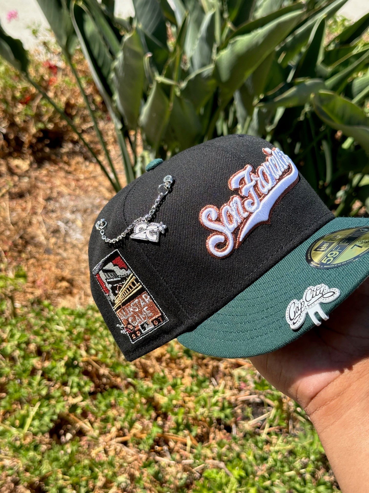 NEW ERA EXCLUSIVE 59FIFTY BLACK/FOREST GREEN SAN FRANCISCO GIANTS SCRIPT W/ 2007 ALL STAR GAME SIDE PATCH