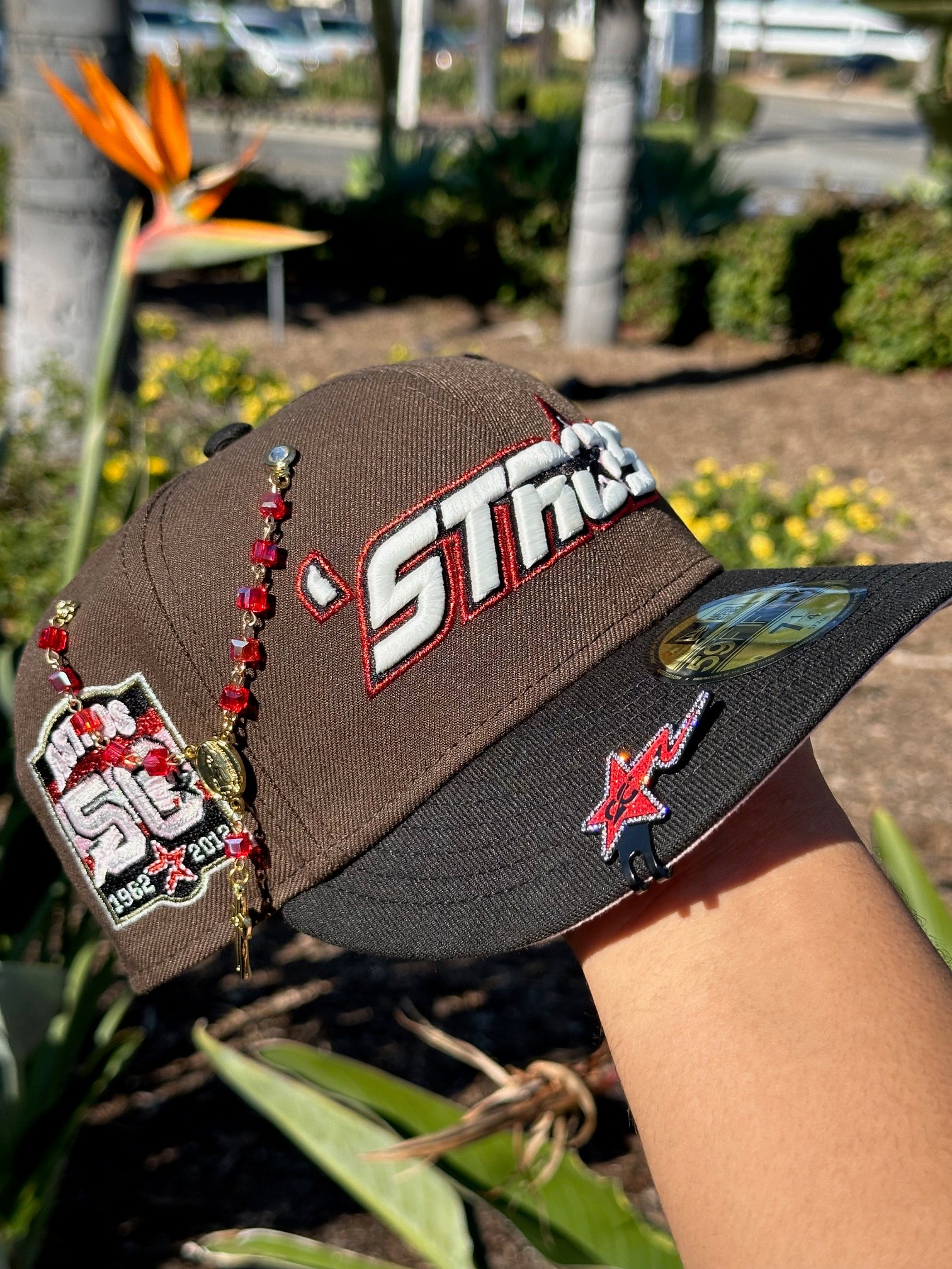 NEW ERA EXCLUSIVE 59FIFTY MOCHA/BLACK HOUSTON ASTROS SCRIPT W/ 50TH ANNIVERSARY SIDE PATCH