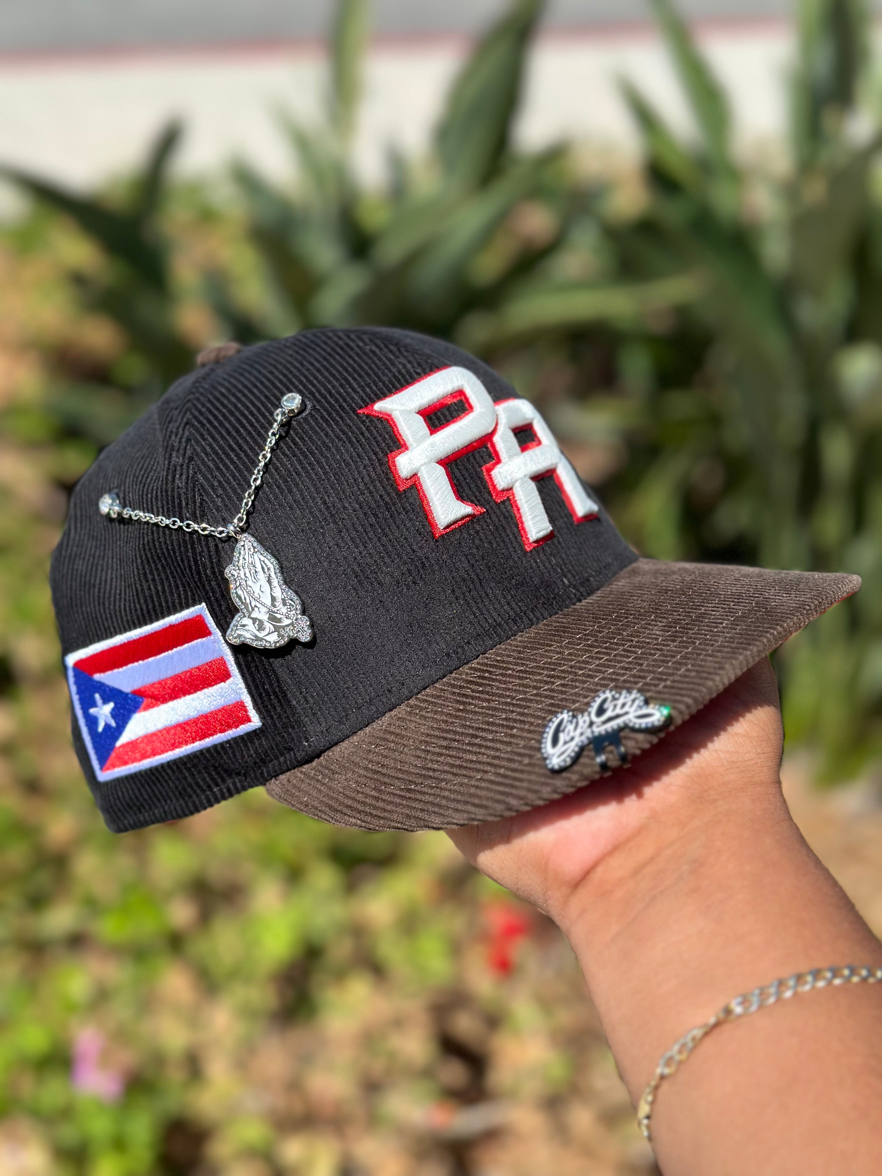 NEW ERA EXCLUSIVE 59FIFTY BLACK/BROWN CORDUROY PUERTO RICO W/ PUERTO RICO FLAG SIDE PATCH