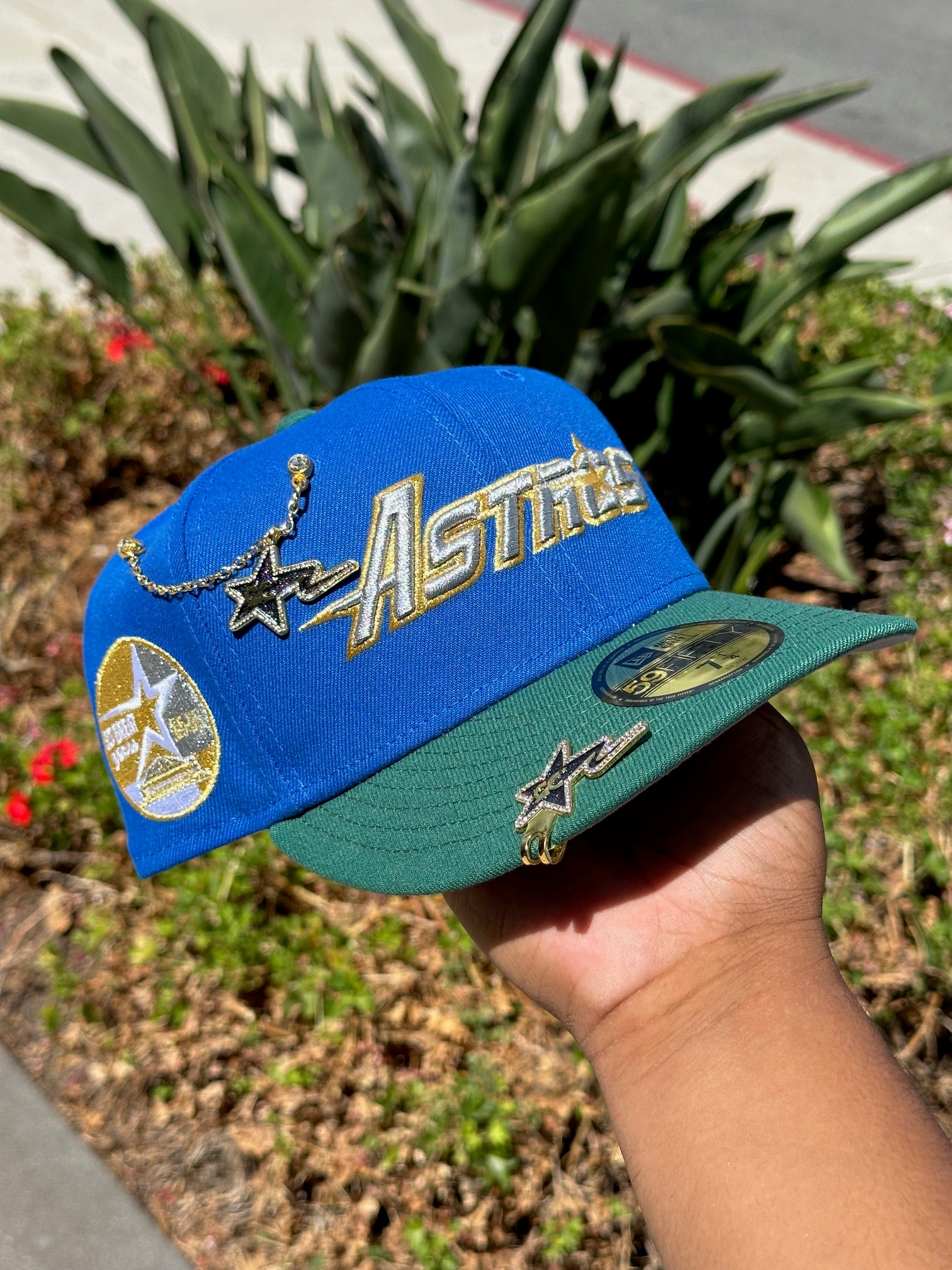 NEW ERA EXCLUSIVE 59FIFTY BLUE/GREEN HOUSTON ASTROS SCRIPT W/ 35 GREAT YEARS SIDE PATCH