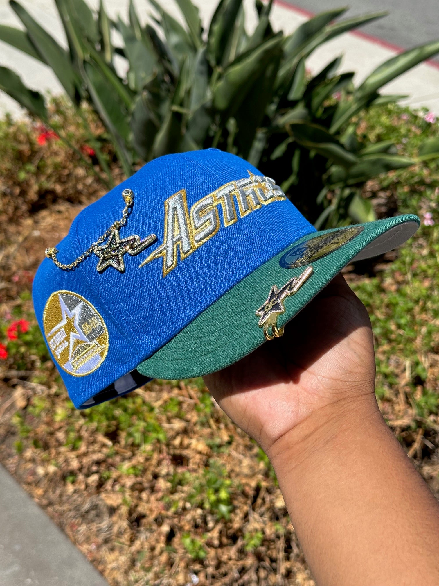 NEW ERA EXCLUSIVE 59FIFTY BLUE/GREEN HOUSTON ASTROS SCRIPT W/ 35 GREAT YEARS SIDE PATCH