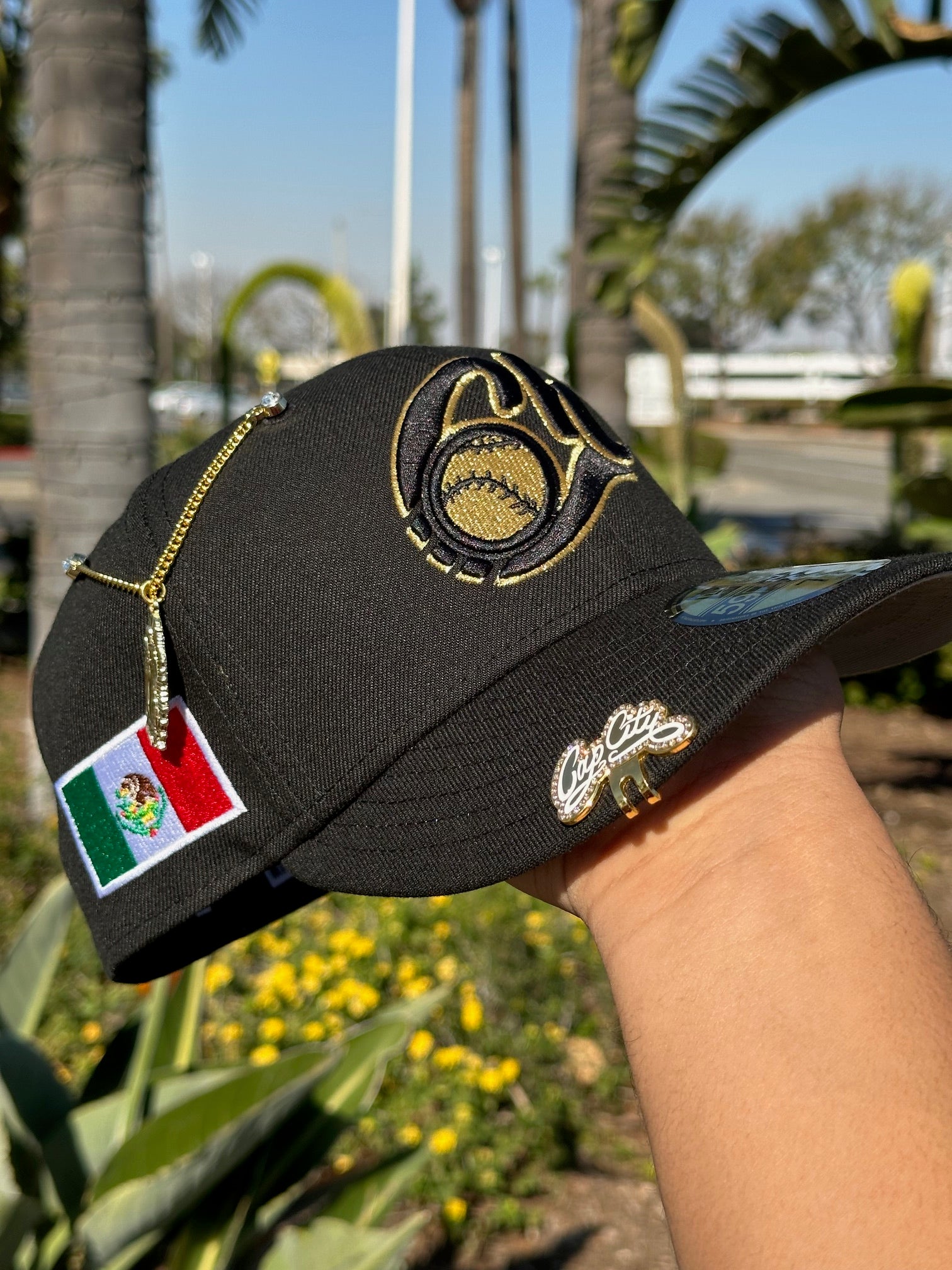 NEW ERA EXCLUSIVE 59FIFTY BLACK CHARROS DE JALISCO W/ MEXICO FLAG SIDE PATCH