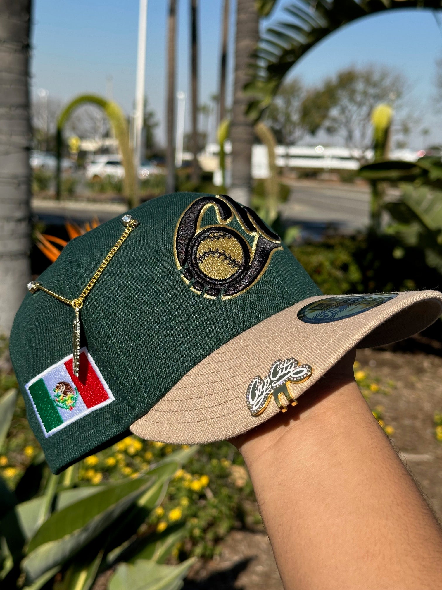 NEW ERA EXCLUSIVE 59FIFTY PINE GREEN/KHAKI CHARROS DE JALISCO W/ MEXICO FLAG SIDE PATCH