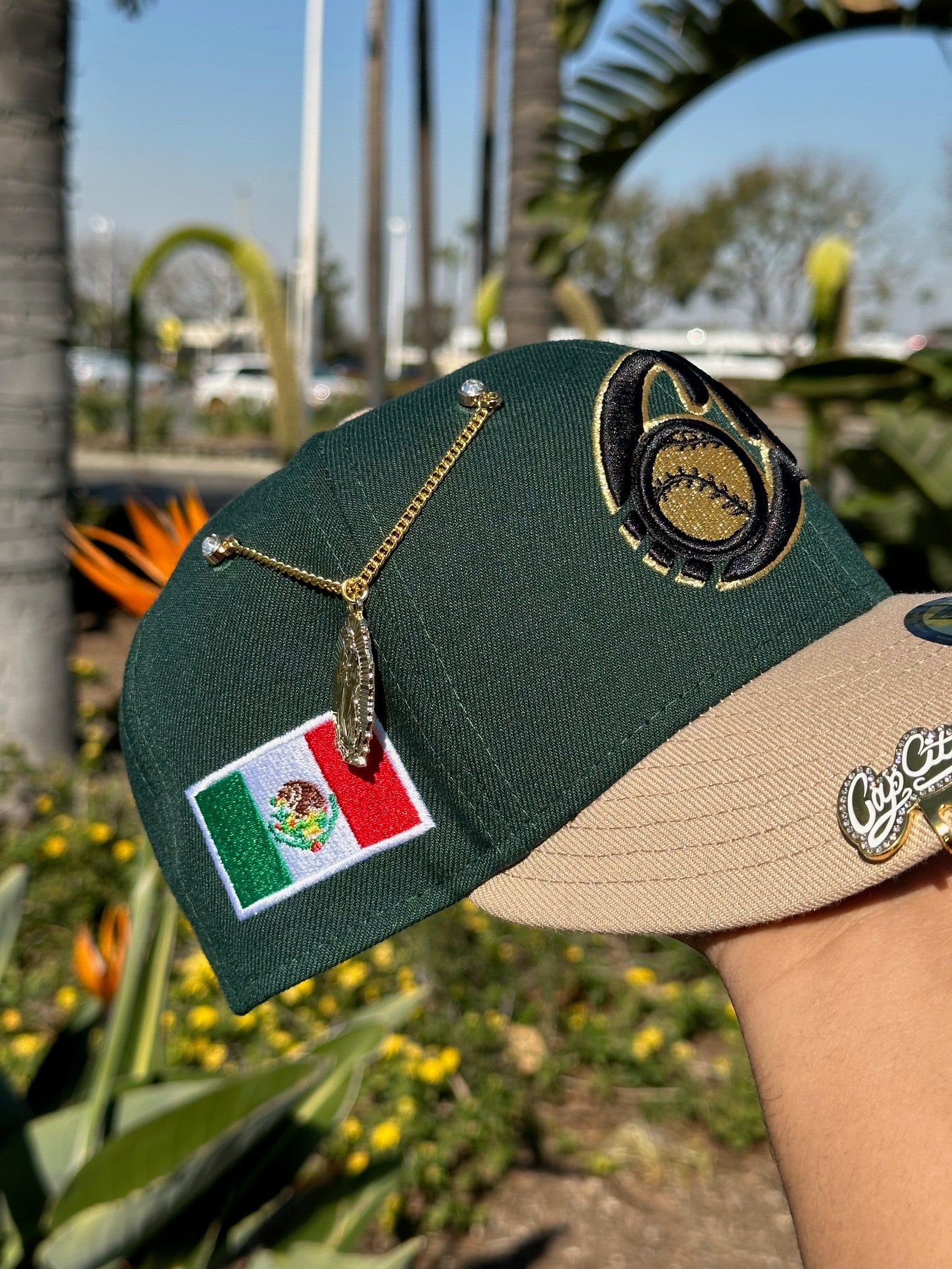 NEW ERA EXCLUSIVE 59FIFTY PINE GREEN/KHAKI CHARROS DE JALISCO W/ MEXICO FLAG SIDE PATCH