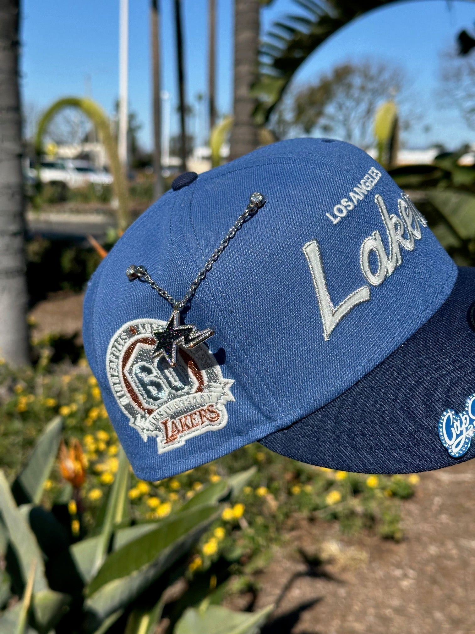 NEW ERA EXCLUSIVE 59FIFTY PASTEL BLUE LOS ANGELES LAKERS SCRIPT W/ 60TH ANNIVERSARY SIDE PATCH