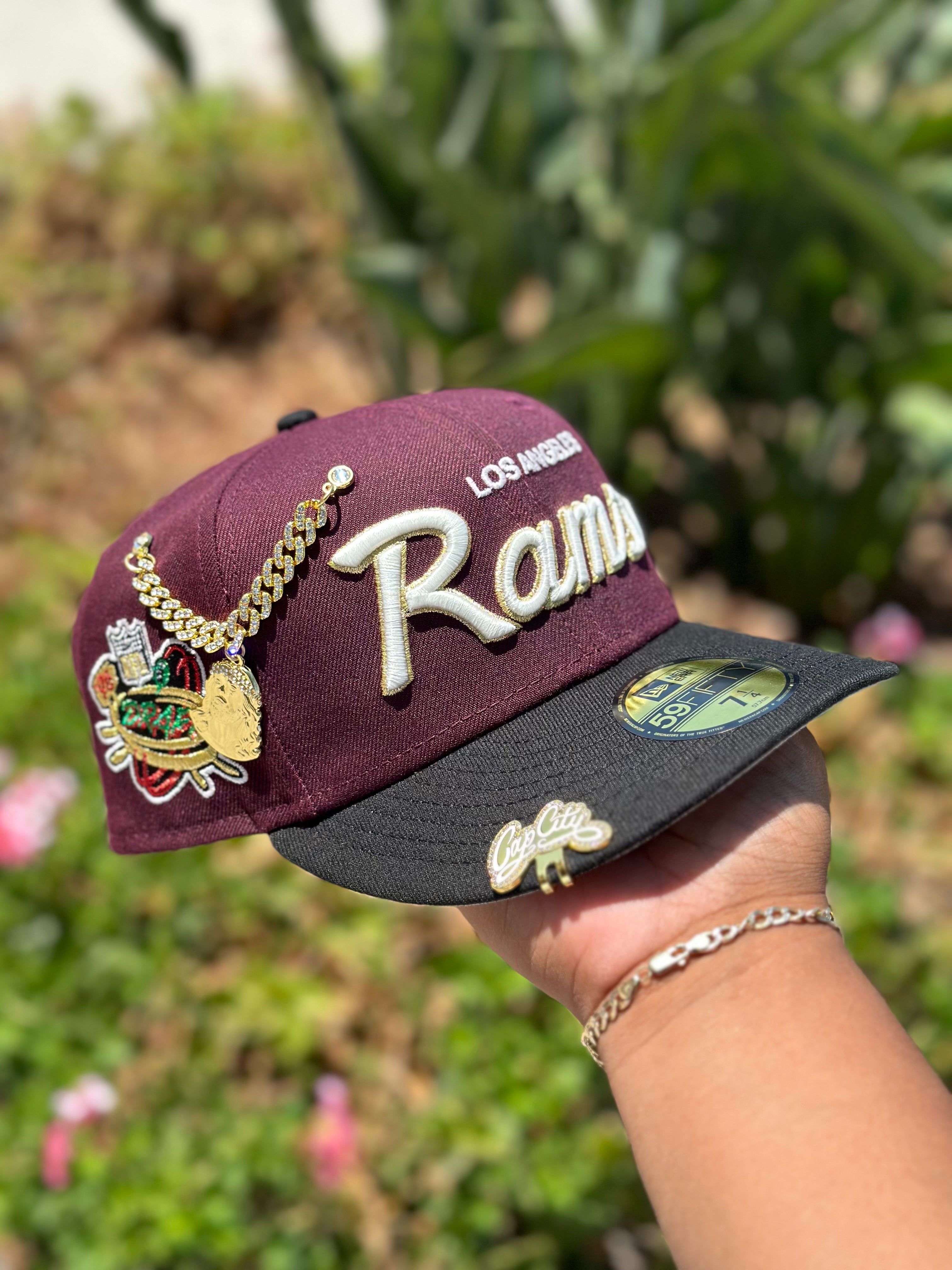 NEW ERA EXCLUSIVE 59FIFTY BURGUNDY/BLACK LOS ANGELES RAMS SCRIPT W/ "NFL DRAFT" SIDE PATCH
