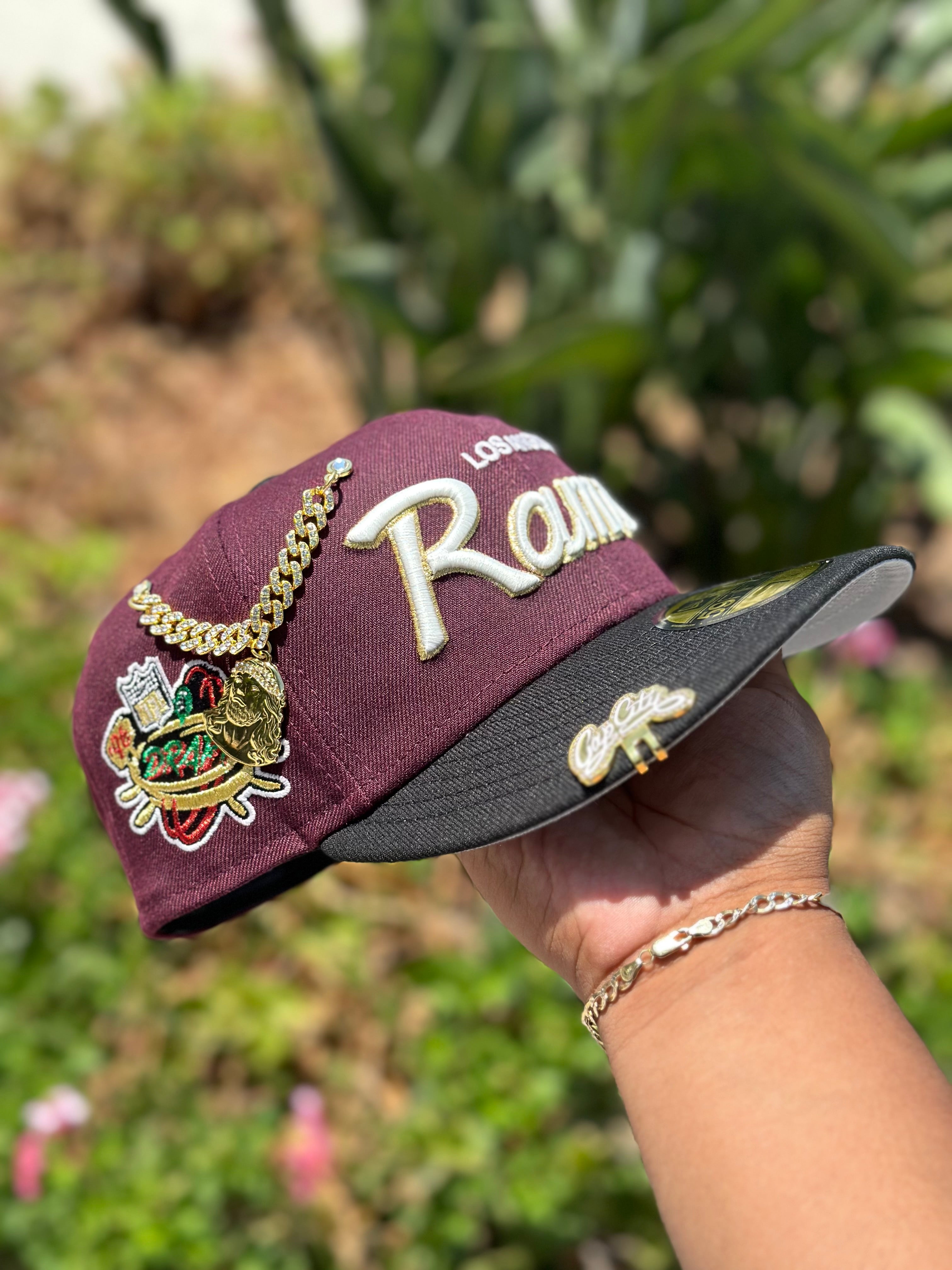 NEW ERA EXCLUSIVE 59FIFTY BURGUNDY/BLACK LOS ANGELES RAMS SCRIPT W/ "NFL DRAFT" SIDE PATCH