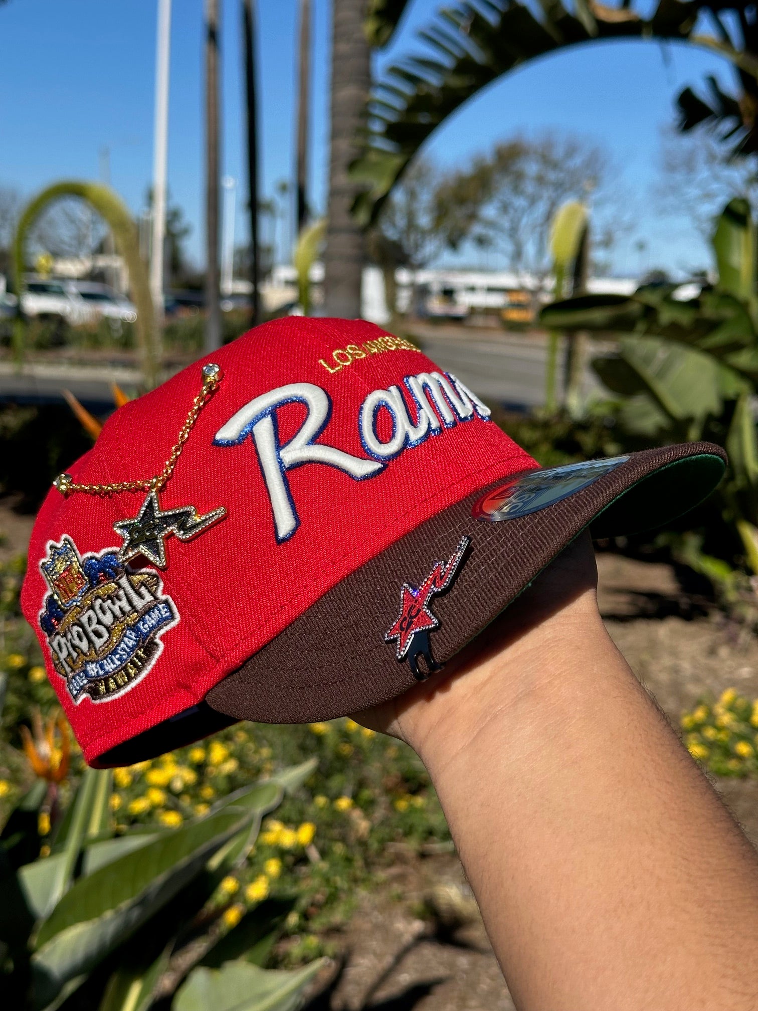 NEW ERA EXCLUSIVE 59FIFTY RED/WALNUT LOS ANGELES RAMS SCRIPT W/ PROBOWL SIDE PATCH