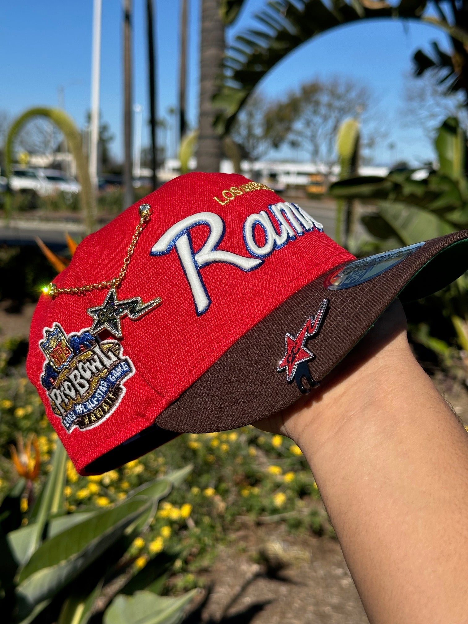 NEW ERA EXCLUSIVE 59FIFTY RED/WALNUT LOS ANGELES RAMS SCRIPT W/ PROBOWL SIDE PATCH