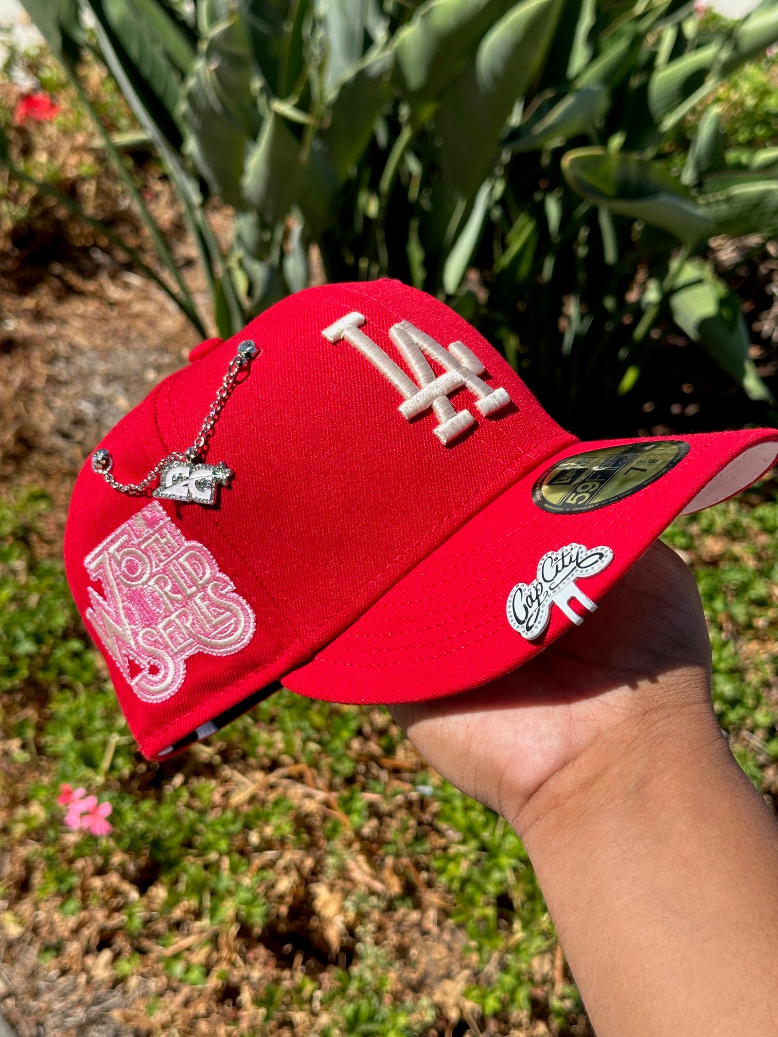 NEW ERA EXCLUSIVE 59FIFTY RED LOS ANGELES DODGERS W/ 75TH WORLD SERIES SIDE PATCH