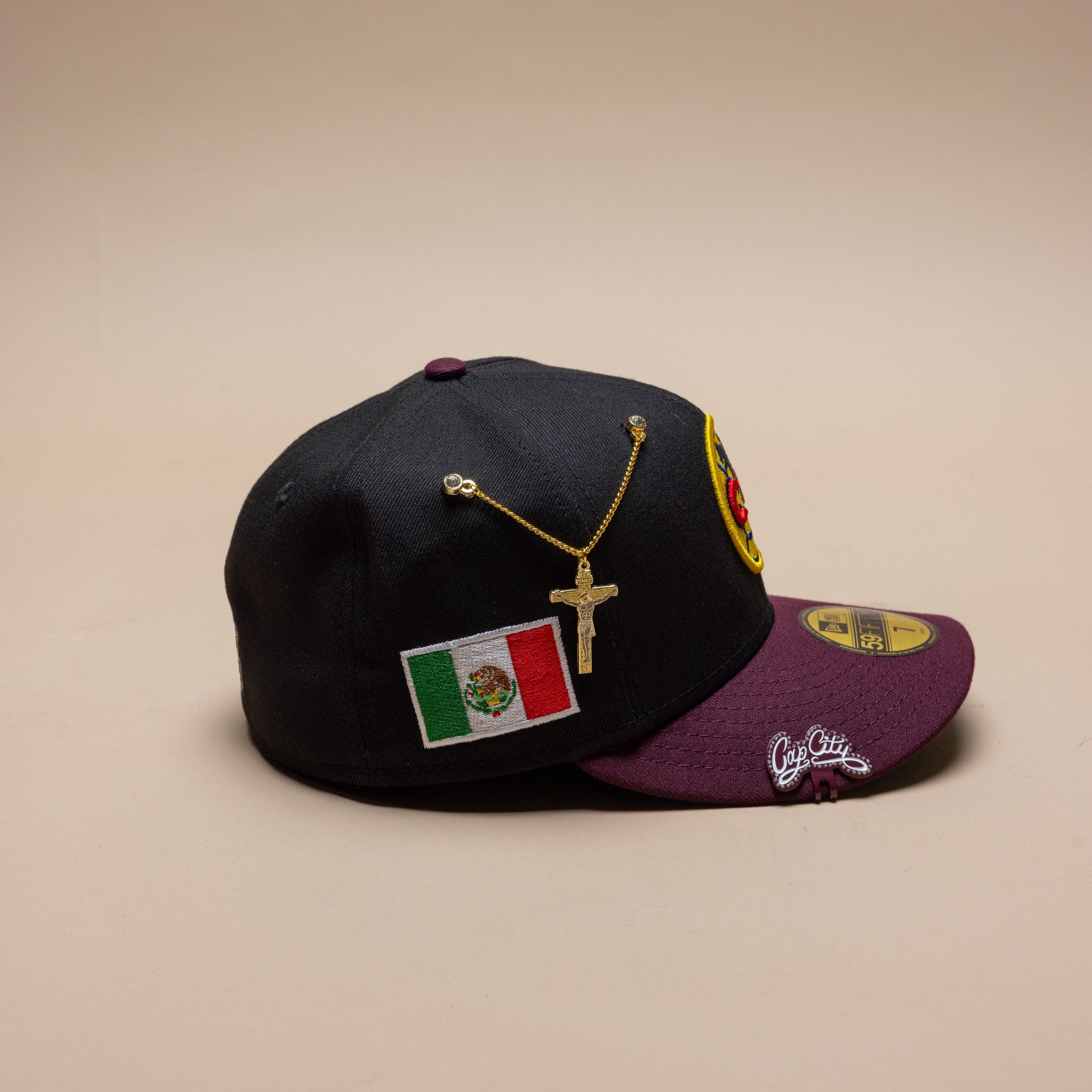 NEW ERA EXCLUSIVE 59FIFTY BLACK/BURGUNDY "CLUB AMERICA" W/ MEXICO FLAG SIDE PATCH