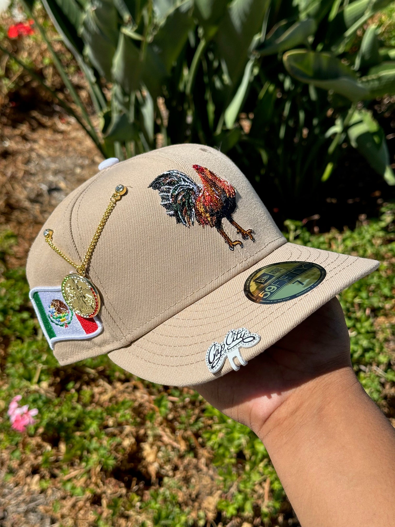 NEW ERA EXCLUSIVE 59FIFTY KHAKI MEXICO "EL GALLO" W/ MEXICO FLAG SIDE PATCH