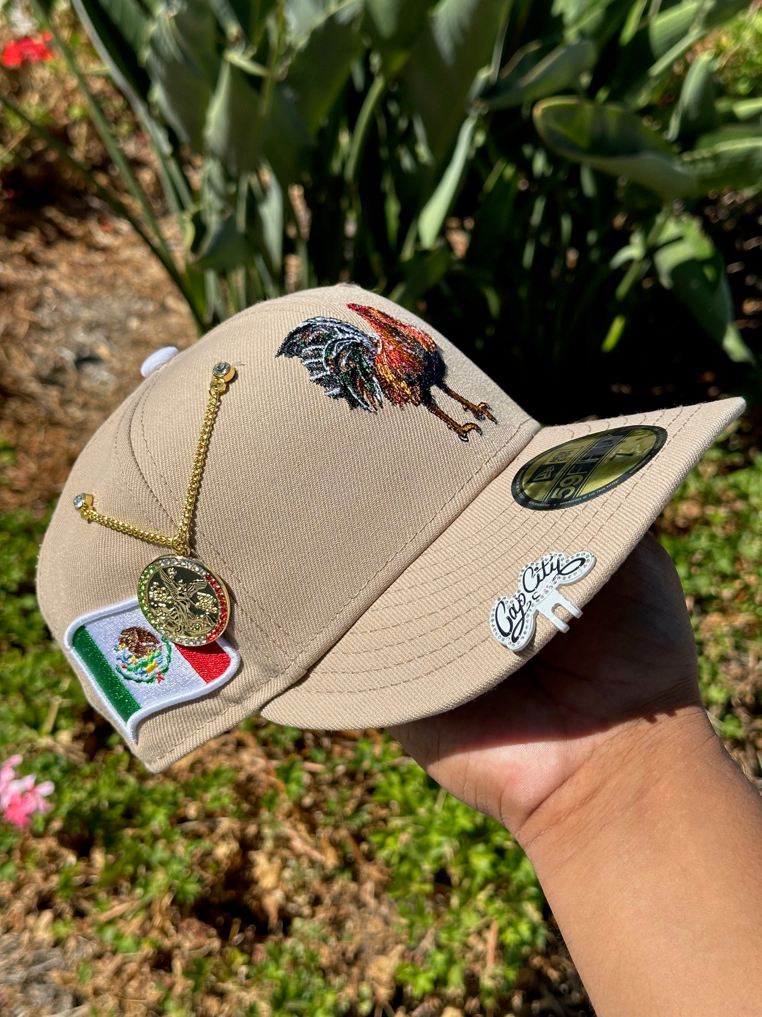 NEW ERA EXCLUSIVE 59FIFTY KHAKI MEXICO "EL GALLO" W/ MEXICO FLAG SIDE PATCH