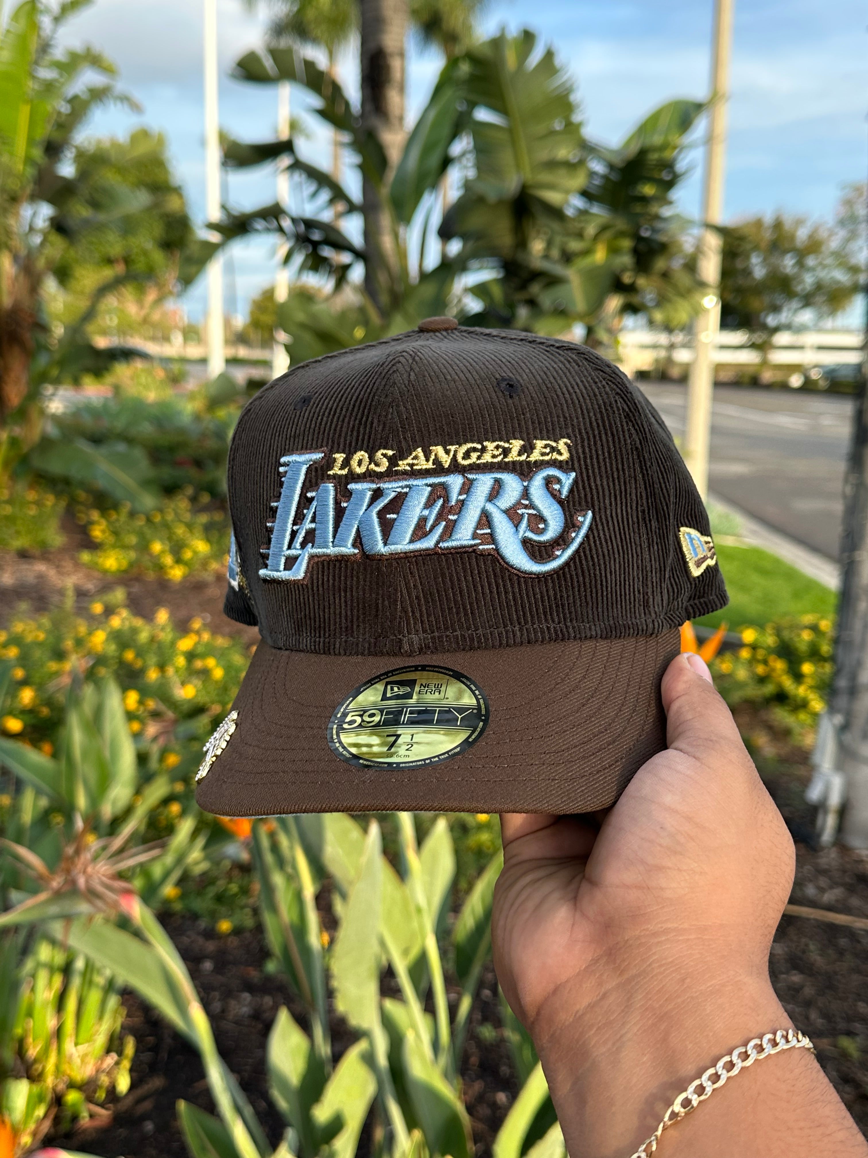 NEW ERA EXCLUSIVE 59FIFTY CORDUROY/WALNUT LOS ANGELES LAKERS W/ 17X CHAMPIONS PATCH + 2020 CHAMPS PATCH
