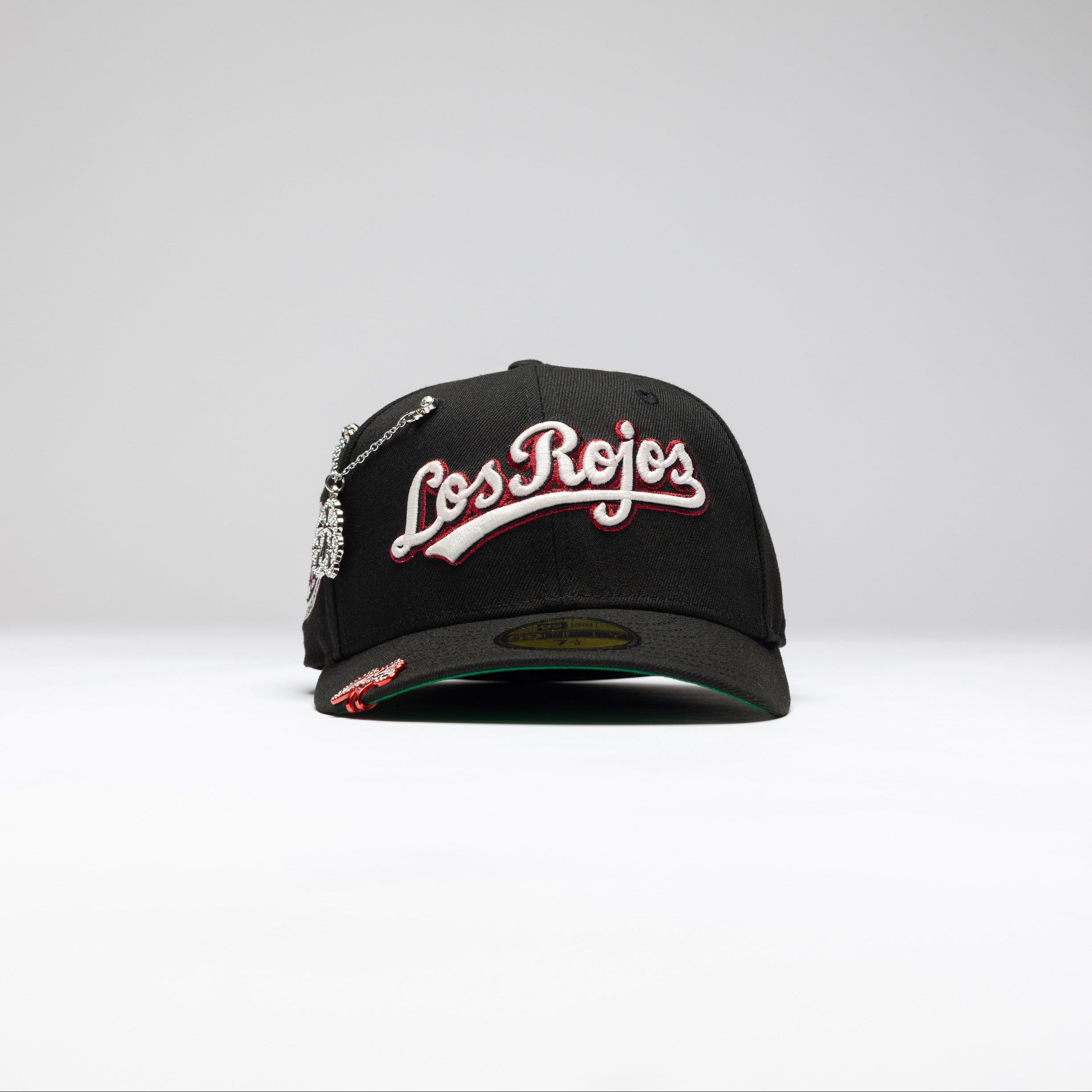NEW ERA EXCLUSIVE 59FIFTY BLACK CINCINNATI REDS W/ "LOS ROJOS" SCRIPT + ANNVERSARIES SIDE PATCH