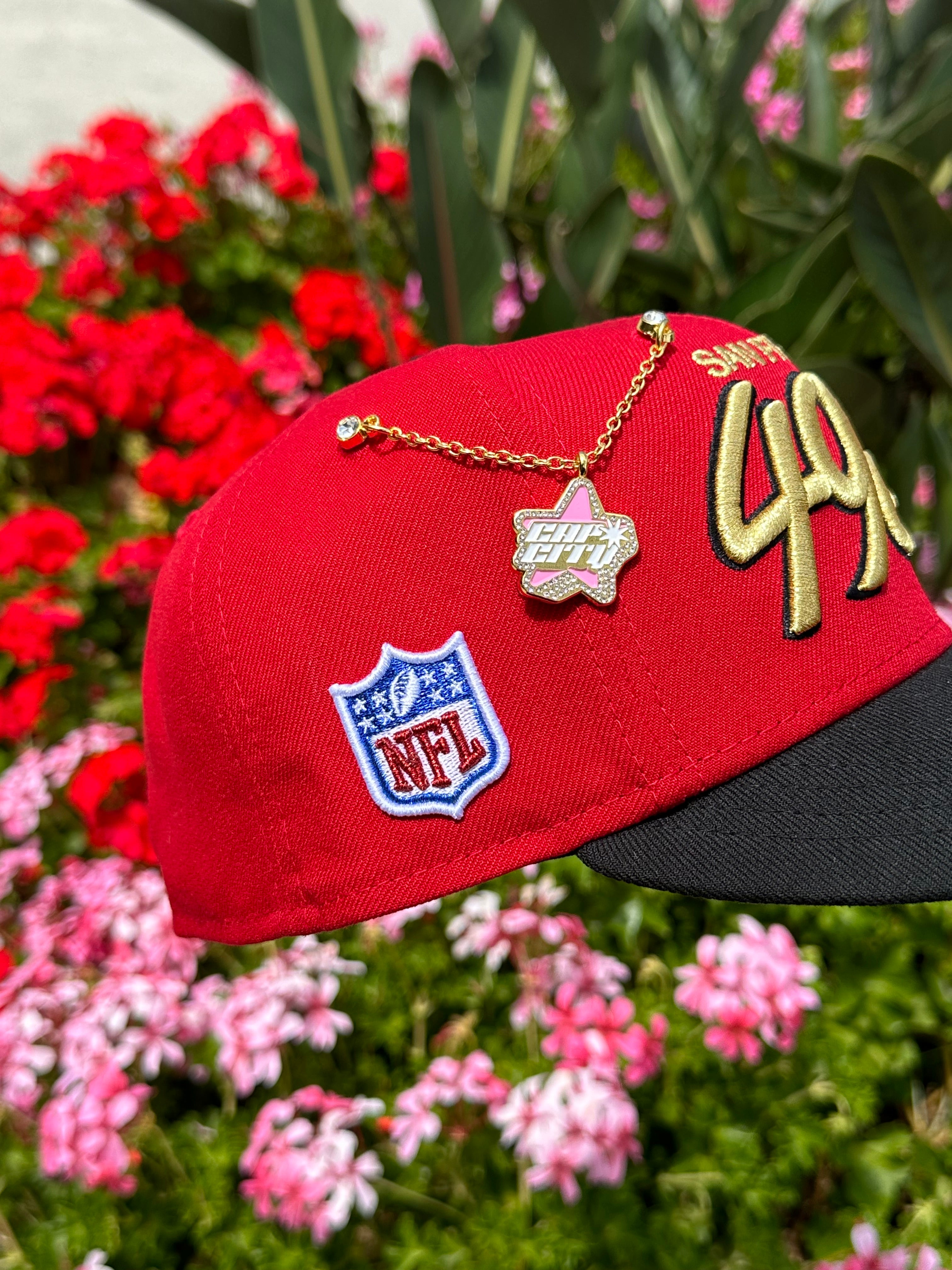 NEW ERA EXCLUSIVE 59FIFTY RED/BLACK SAN FRANSICO "49ERS" SCRIPT W/ NFL LOGO SIDE PATCH