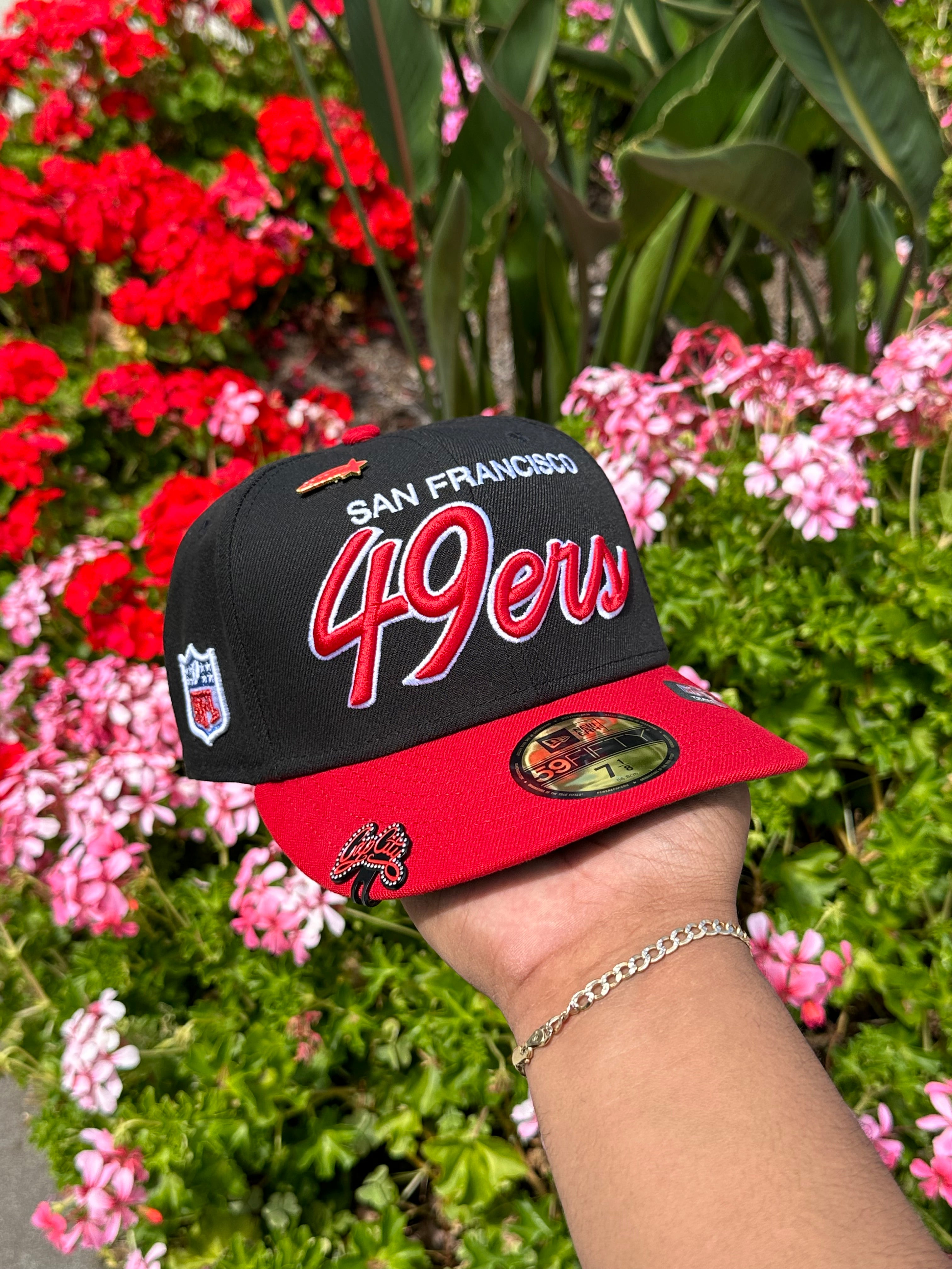NEW ERA EXCLUSIVE 59FIFTY BLACK/RED SAN FRANSICO "49ERS" SCRIPT W/ NFL LOGO SIDE PATCH