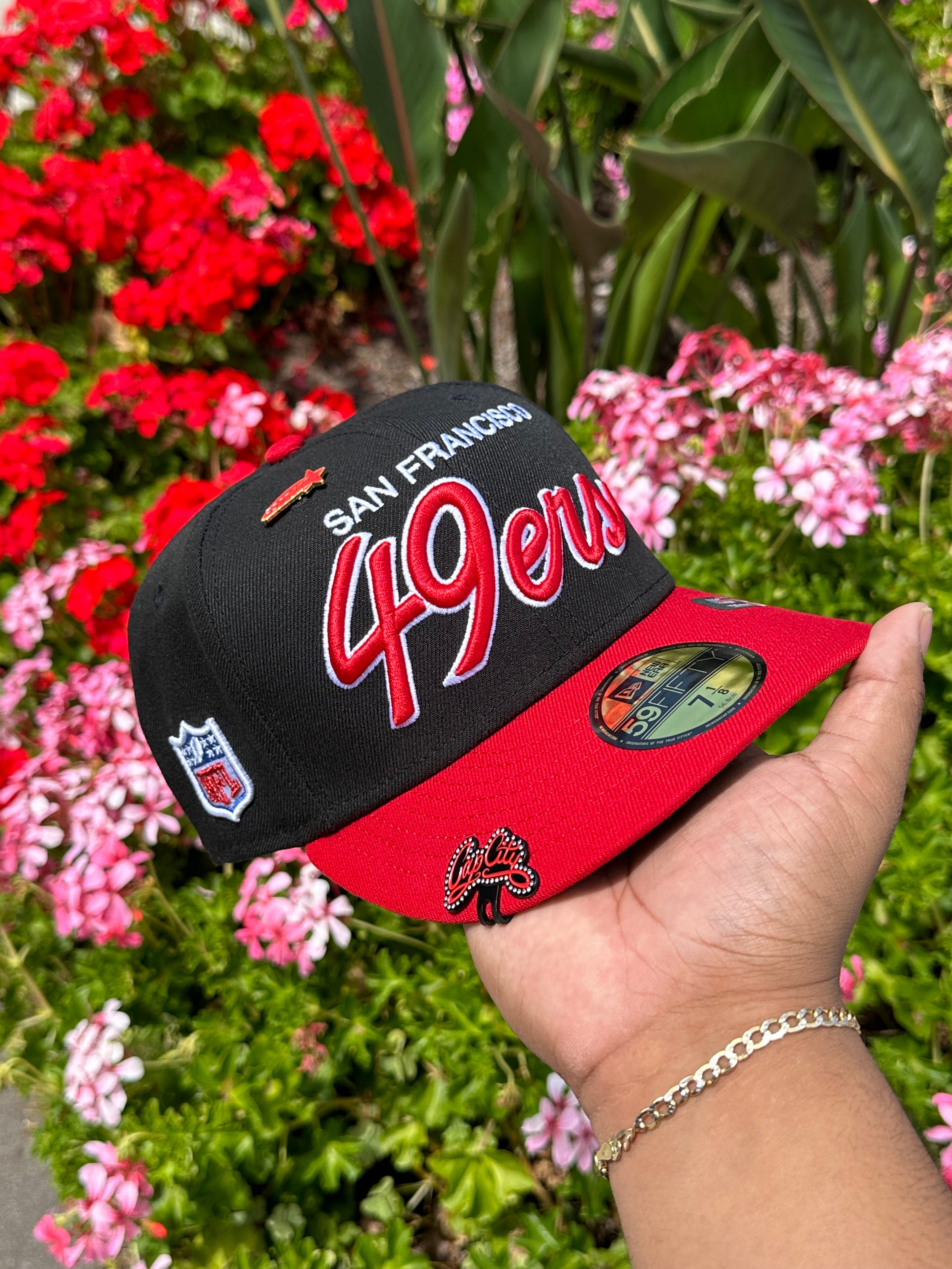 NEW ERA EXCLUSIVE 59FIFTY BLACK/RED SAN FRANSICO "49ERS" SCRIPT W/ NFL LOGO SIDE PATCH