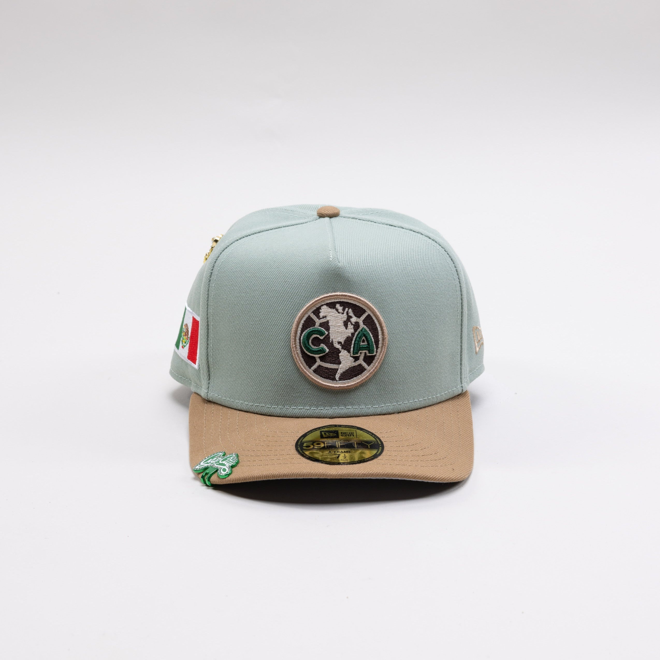 NEW ERA EXCLUSIVE 59FIFTY DARK MINT/KHAKI "CLUB AMERICA" A-FRAME W/ MEXICO FLAG SIDE PATCH