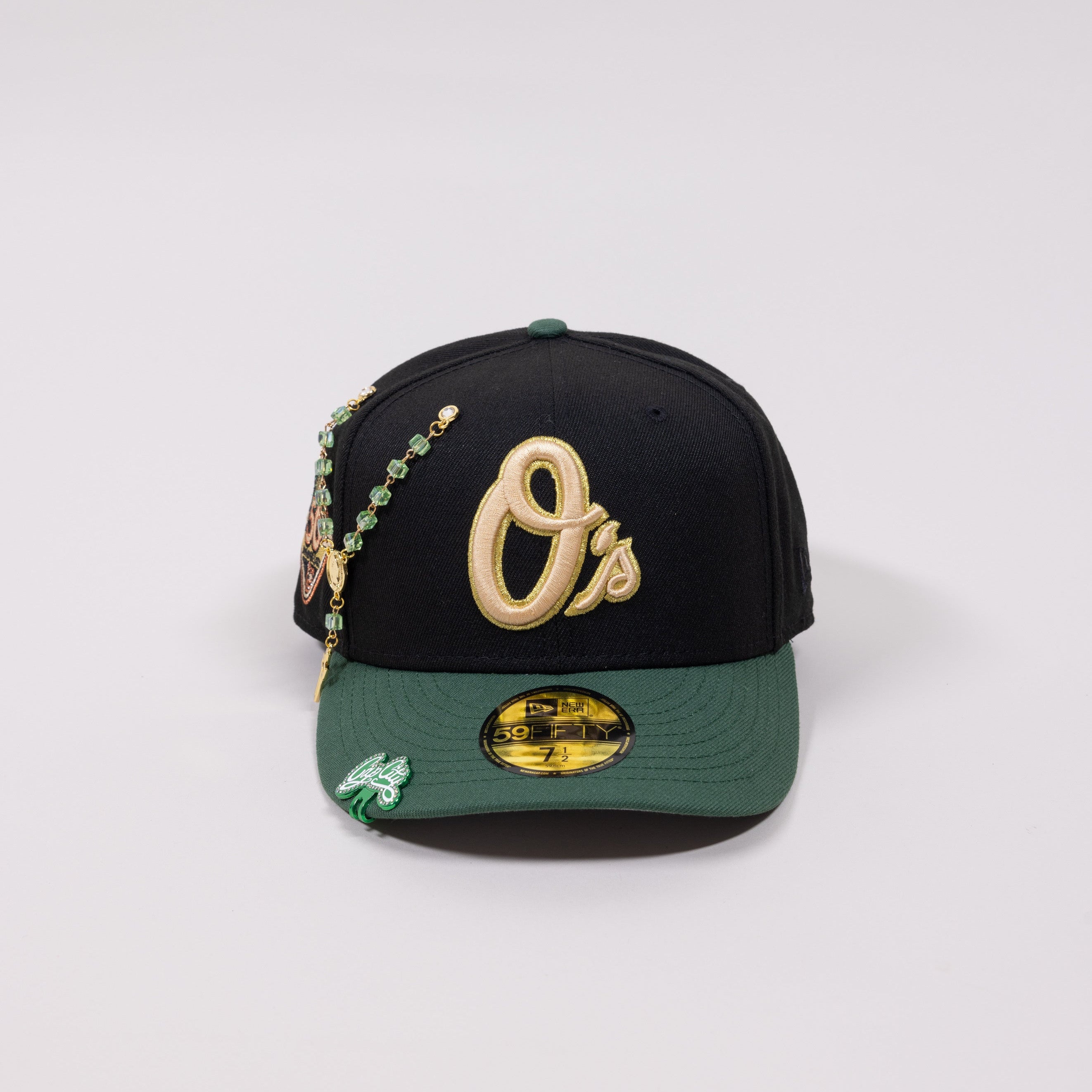 NEW ERA EXCLUSIVE 59FIFTY BLACK/ PINE GREEN BALTIMORE ORIOLES W/ 50TH ANNIVERSARY PATCH