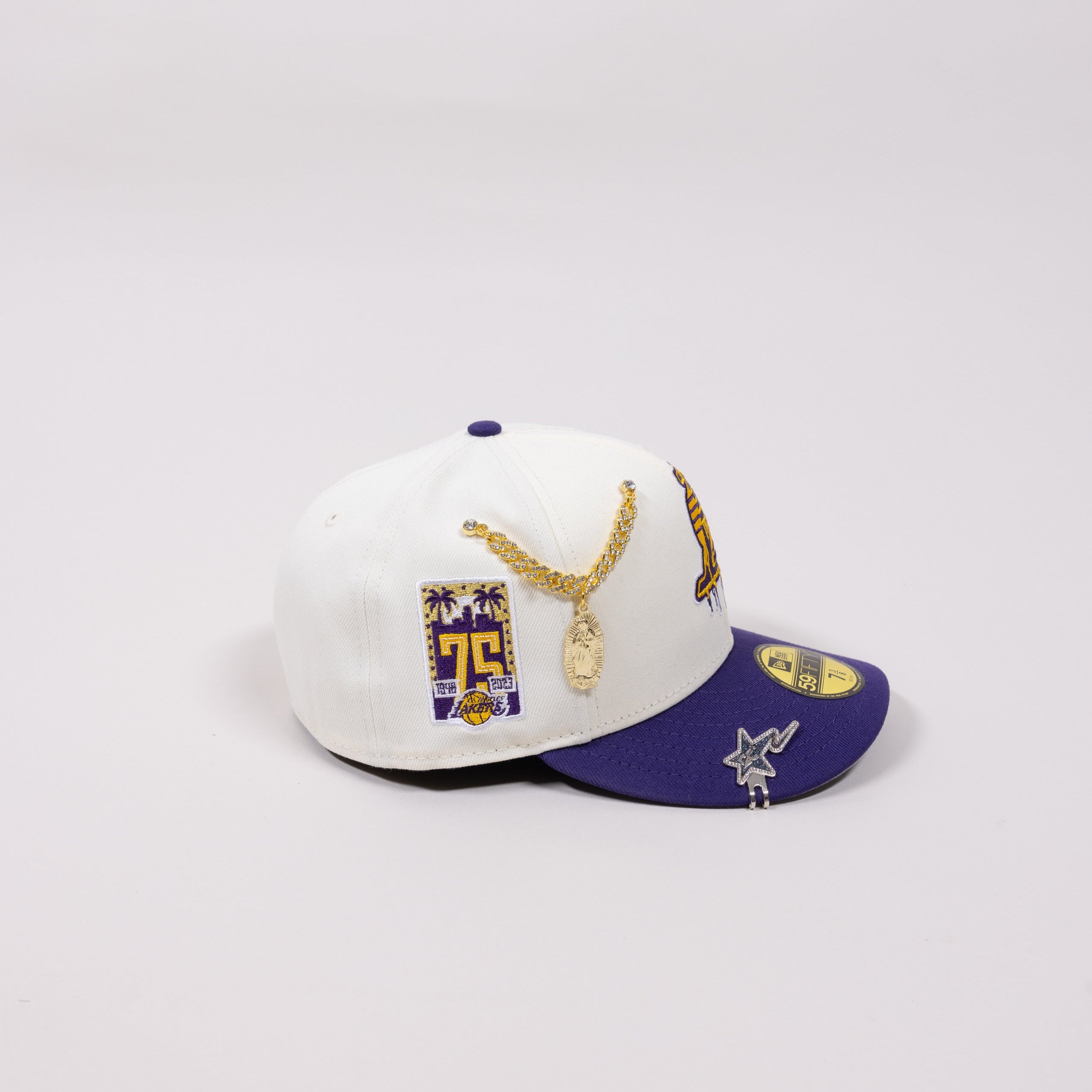 NEW ERA EXCLUSIVE 59FIFTY CHROME/ PURPLE LOS ANGELES LAKERS DRIP LOGO W/ 75TH ANNIVERSARY SIDE PATCH