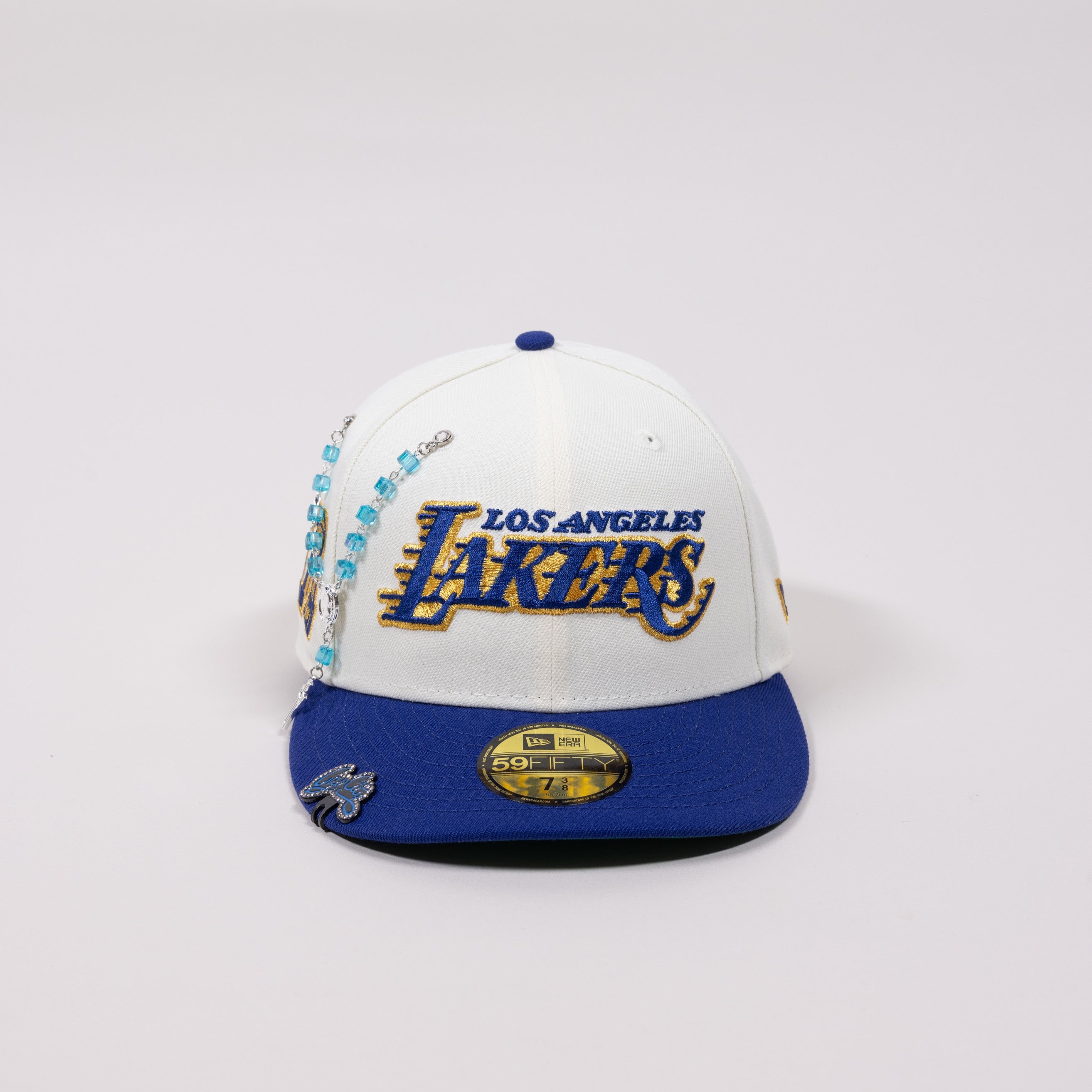 NEW ERA EXCLUSIVE 59FIFTY CHROME/ BLUE LOS ANGELES LAKERS SCRIPT W/ 17X CHAMPIONS SIDE PATCH