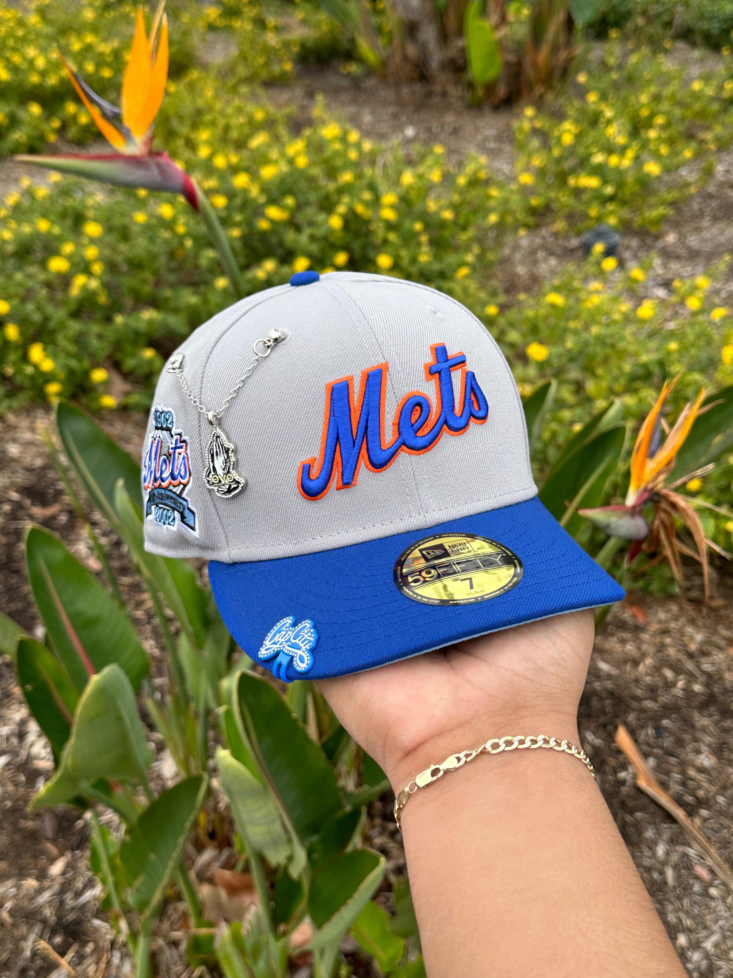 NEW ERA EXCLUSIVE 59FIFTY STONE GRAY/BLUE NEW YORK METS SCRIPT W/ 40TH ANNIVERSARY SIDE PATCH